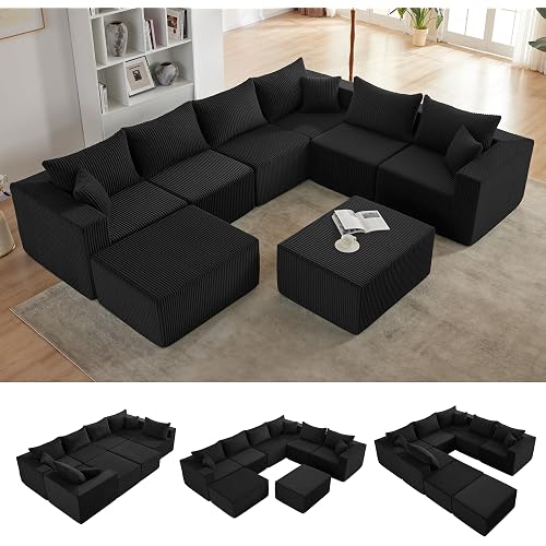 Weture 121''Modular Sectional Sofa with 2 Ottoman, Boneless couches for Living Room Furniture,Comfort U Shaped Sofa， Deep Seat Corner Couch，No Assembly Required（Black，Corduroy）