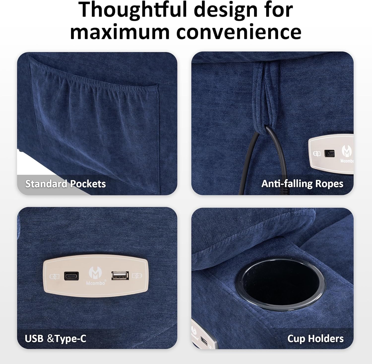 Close-up of USB ports, cup holders, and side pockets on the MCombo Power Lift Recliner Chair