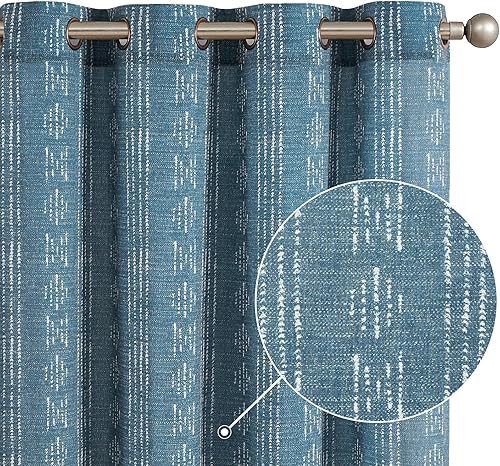 Vangao Cortinas bohemias con estampado de rayas azules, cortinas de lino de 84 pulgadas de largo, cortinas de lino para sala de estar, dormitorio,