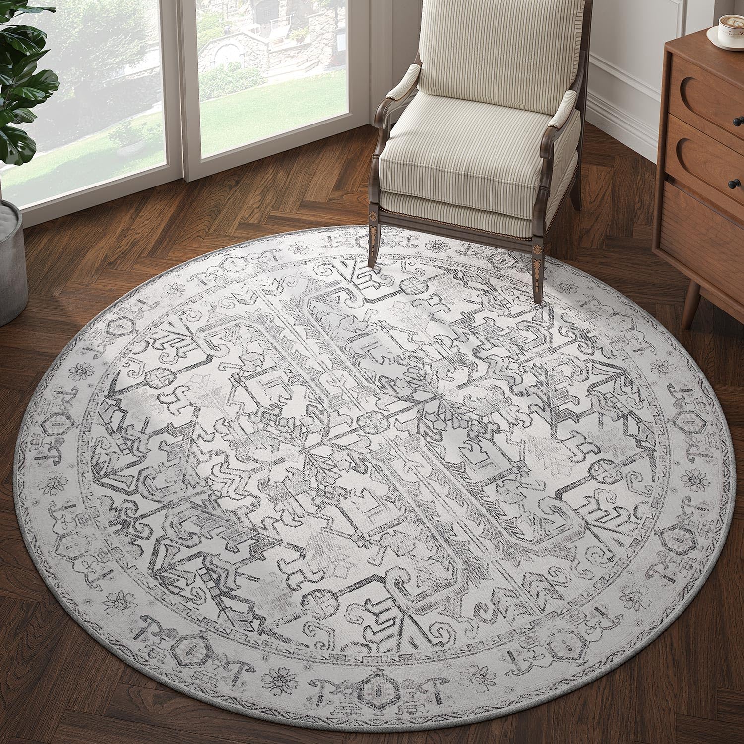 jinchan Round Rug 6ft Washable Area Rug Vintage Floor Mat Kitchen Indoor Circle Rug 6' Round Thin Rug Floral Print Carpet Retro Farmhouse Non Slip Dining Room Living Room Bedroom Office Decor Grey