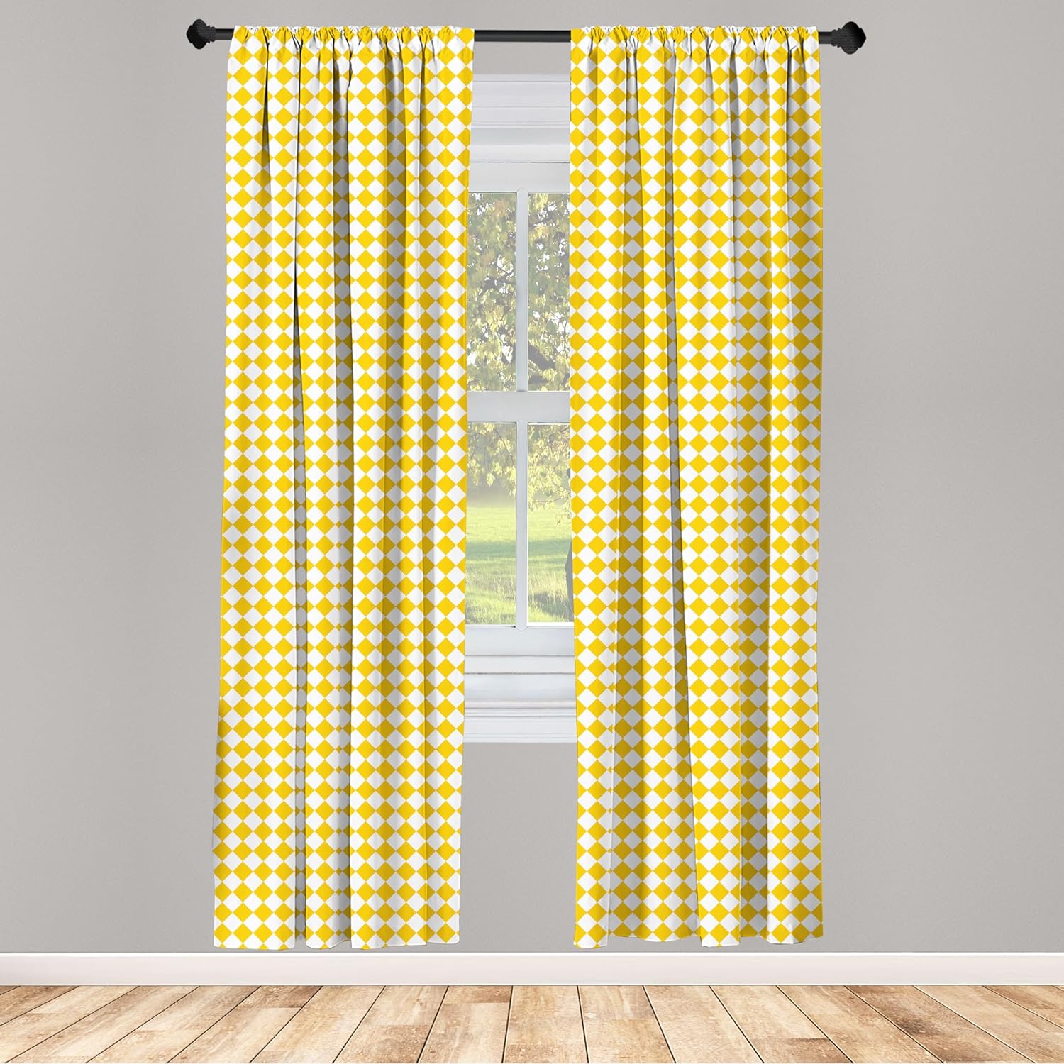 Ambesonne Yellow and White Curtains, Diagonal Checkered Old Fashioned Retro Style Grid Mosaic Pattern, Window Treatments 2 Panel Set for Living Room Bedroom, Pair of - 28" x 95", White Yellow