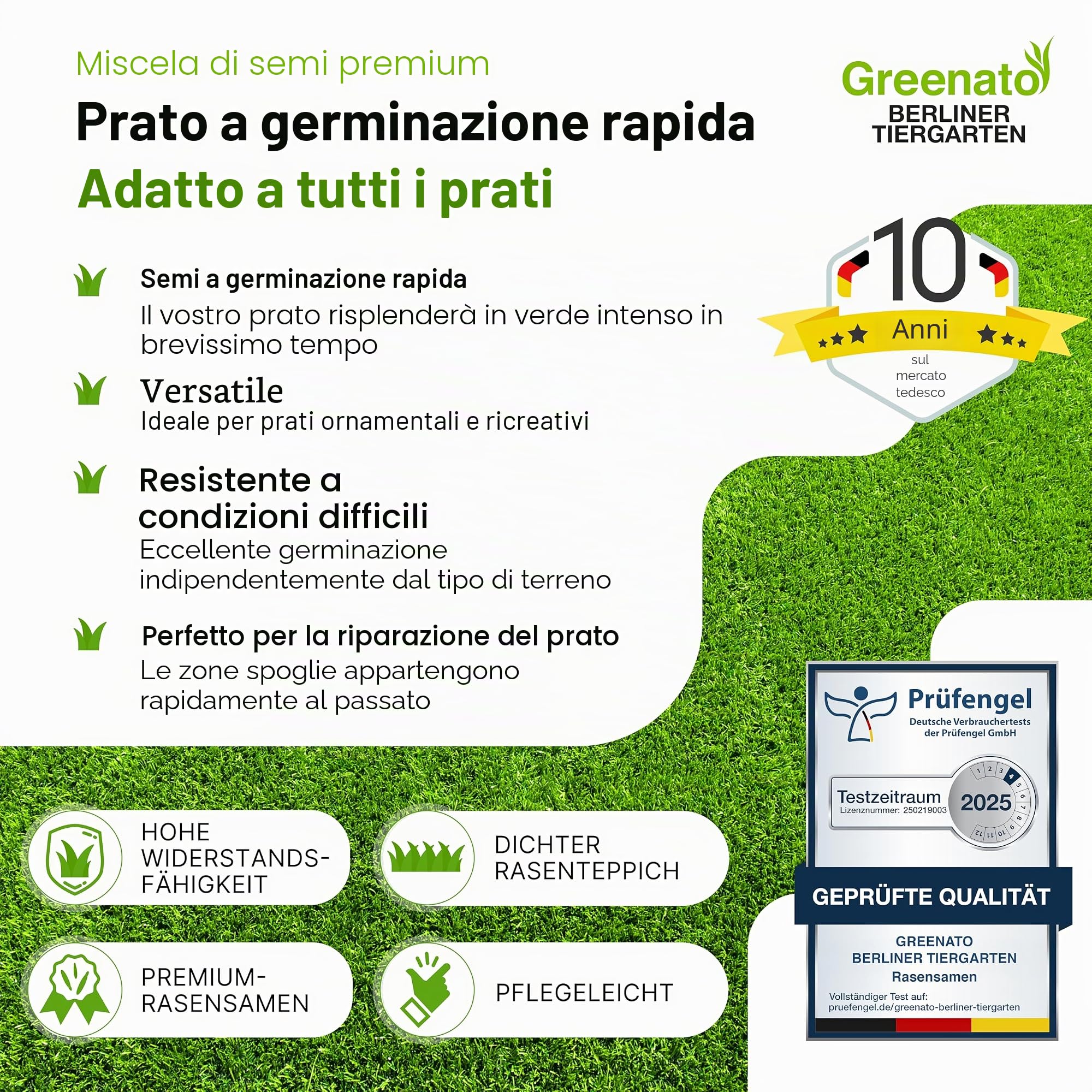 Semi di prato Greenato Berliner Tiergarten 10 kg, prato ornamentale, prato, semi di erba, semi di prato, erba - unità di imballaggio a scelta tra 1-30 kg