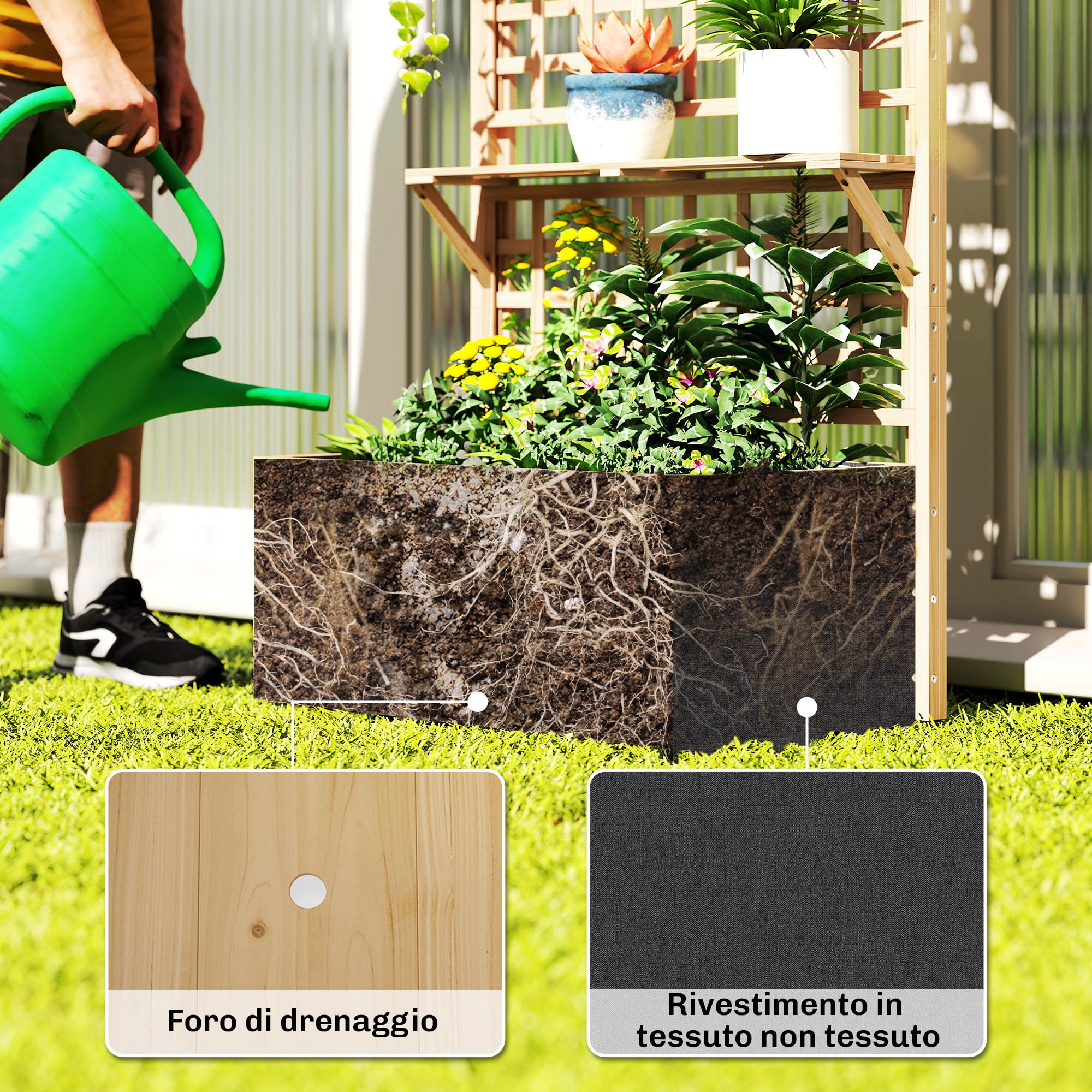 Outsunny Aiuola Rialzata in Legno con Traliccio e Tetto, Fioriera da Esterno Elevata con 2 Mensole, Foro di Drenaggio e Rivestimento per Piante Rampicanti, Verdure e Fiori, Naturale