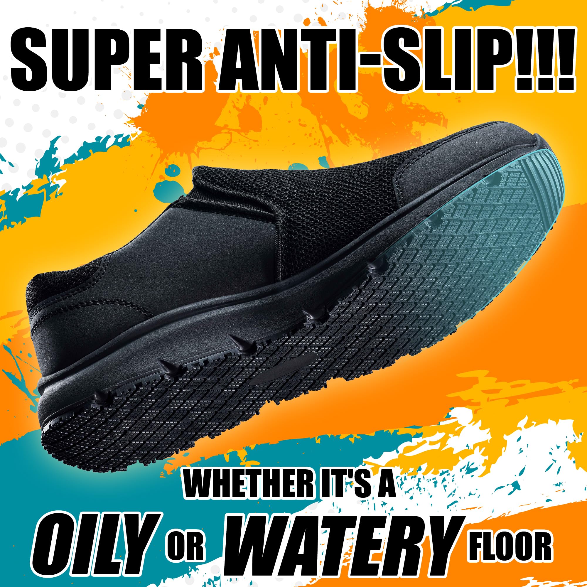 Non Slip Work Shoes for Men&Women, Oil&Waterproof&Slip Resistant Food Service Shoes,All Black Slip on Kitchen Chef Shoes