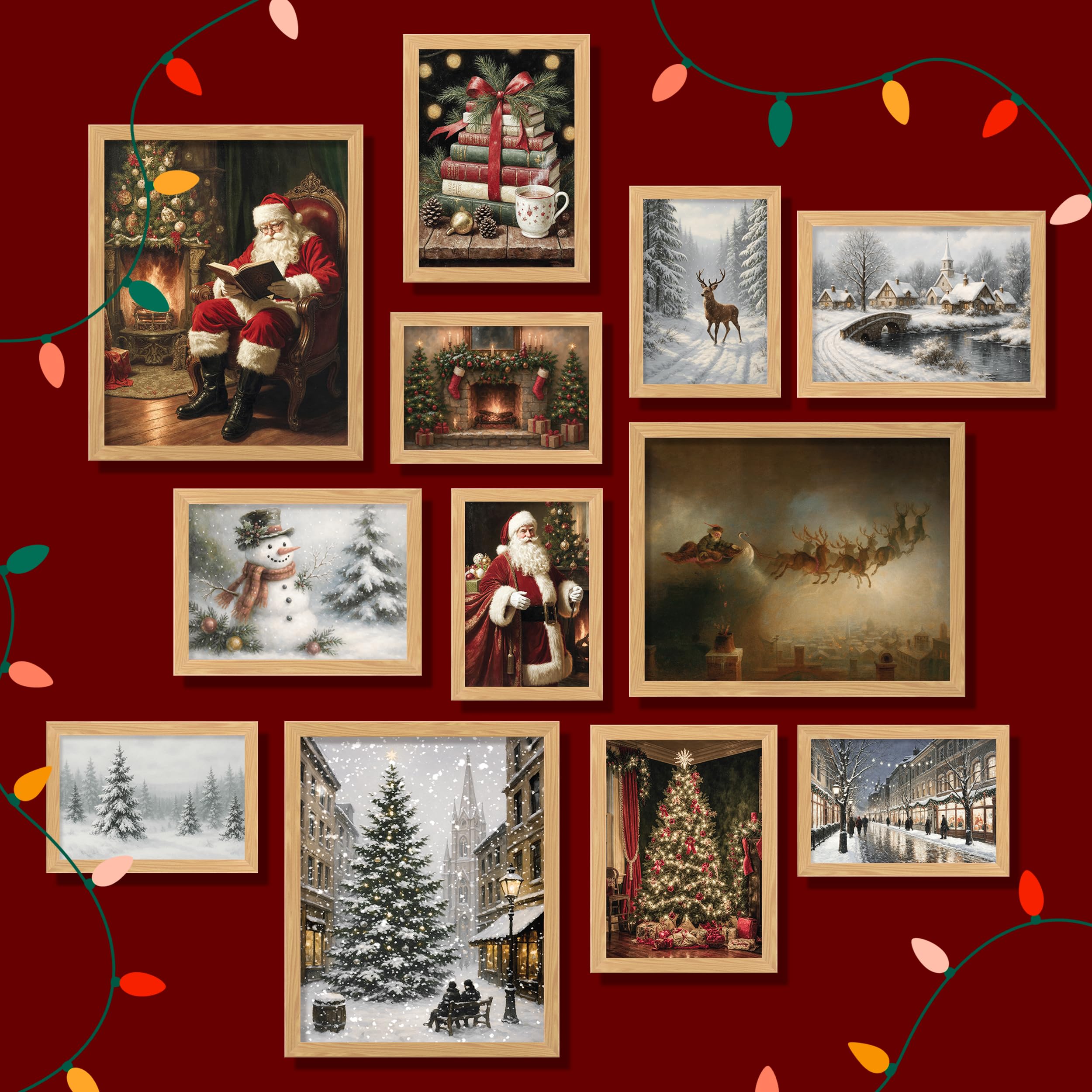 97 Decor Vintage Christmas Prints Unframed - Moody Christmas Pictures Wall Decor Aesthetic, Holiday Poster Winter Art, Reindeer Pine Tree Photo Santa Artwork, Retro Xmas Painting For Home Bedroom