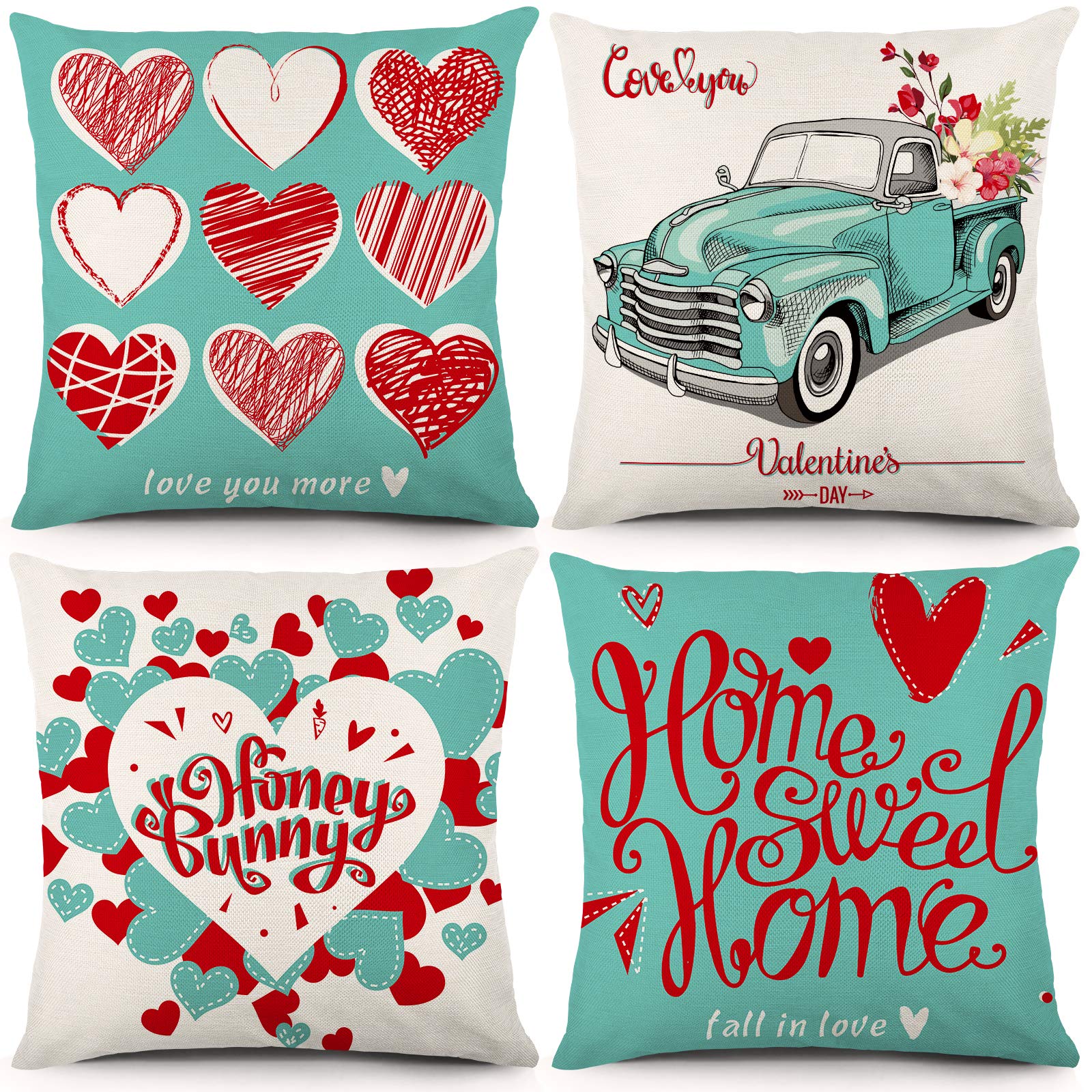 YGEOMER Valentine's Day Pillow Covers 18×18 Inch Set of 4 Pieces of Turquoise Pillow Case Festival Anniversary Wedding Cushion Pillow Case Valentine’s Day Decorations Throw Pillow Covers
