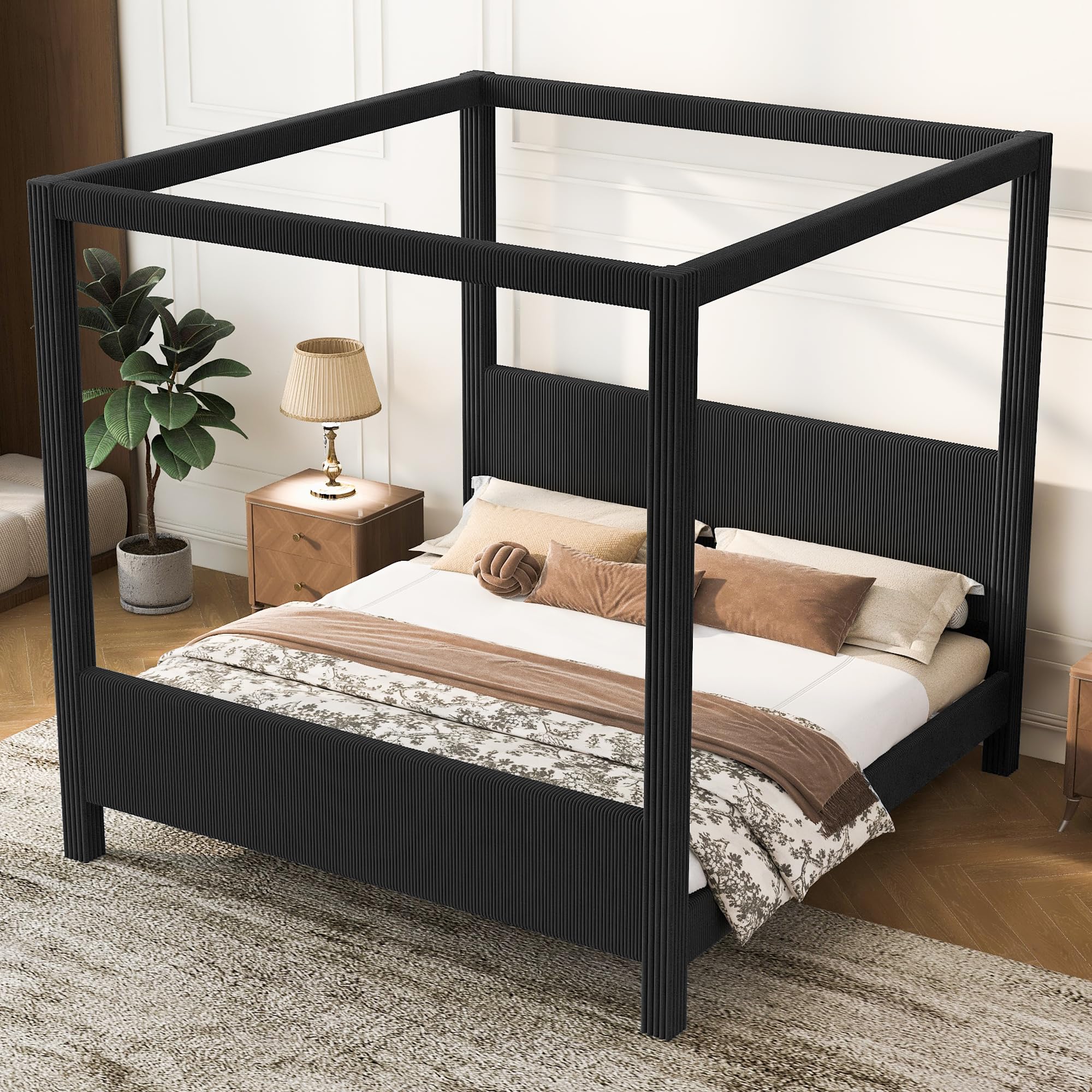 Harper and Bright Designs King Size Upholstered Canopy Bed Frame in Black