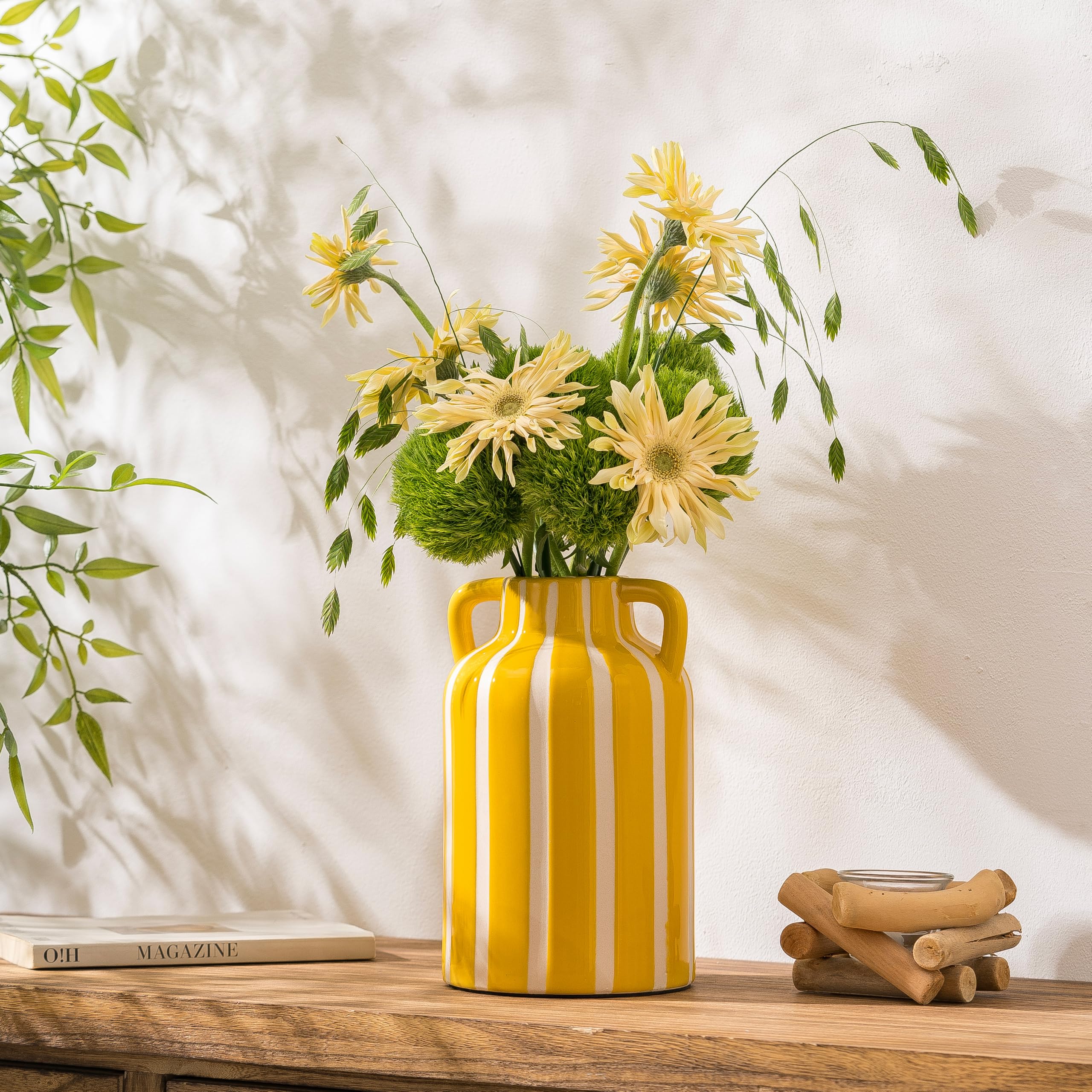 The Best Yellow Vases in 2026 3 SURE YUESI Yellow Ceramic Vase with Handles, Modern Farmhouse Striped Decorative - product photo