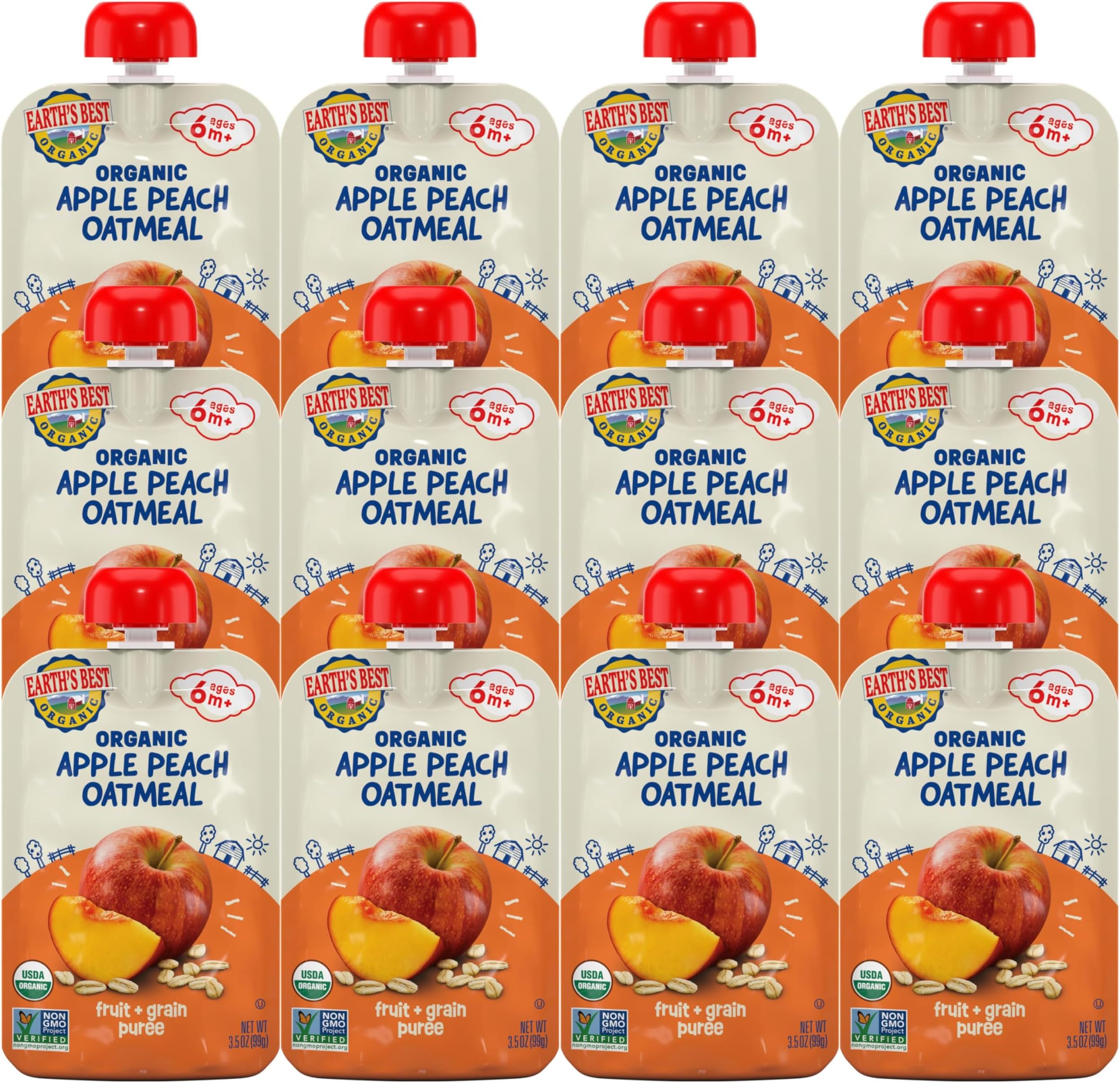 Organic Baby Food Pouches, Fruit and Grain Puree for Babies 6 Months and Older, Organic Apple Peach and Oatmeal Puree, 3.5 oz Resealable Pouch (Pack of 12)