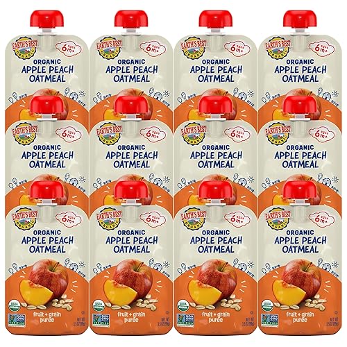 Earth's Best Bolsas orgánicas de alimentos para bebés, puré de frutas y granos para bebés de 6 meses en adelante, puré de manzana orgánica de