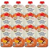 Organic Baby Food Pouches, Fruit and Grain Puree for Babies 6 Months and Older, Organic Apple Peach and Oatmeal Puree, 3.5 oz Resealable Pouch (Pack of 12)