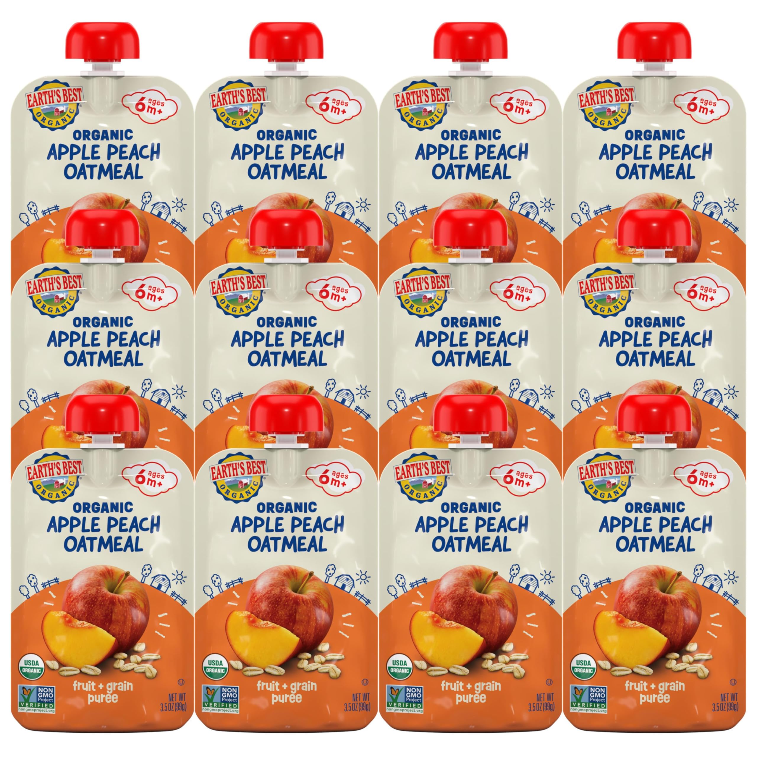 Earth's Best Organic Baby Food Pouches, Fruit and Grain Puree for Babies 6 Months and Older, Organic Apple Peach and Oatmeal Puree, 3.5 oz Resealable Pouch (Pack of 12)USDA Organic