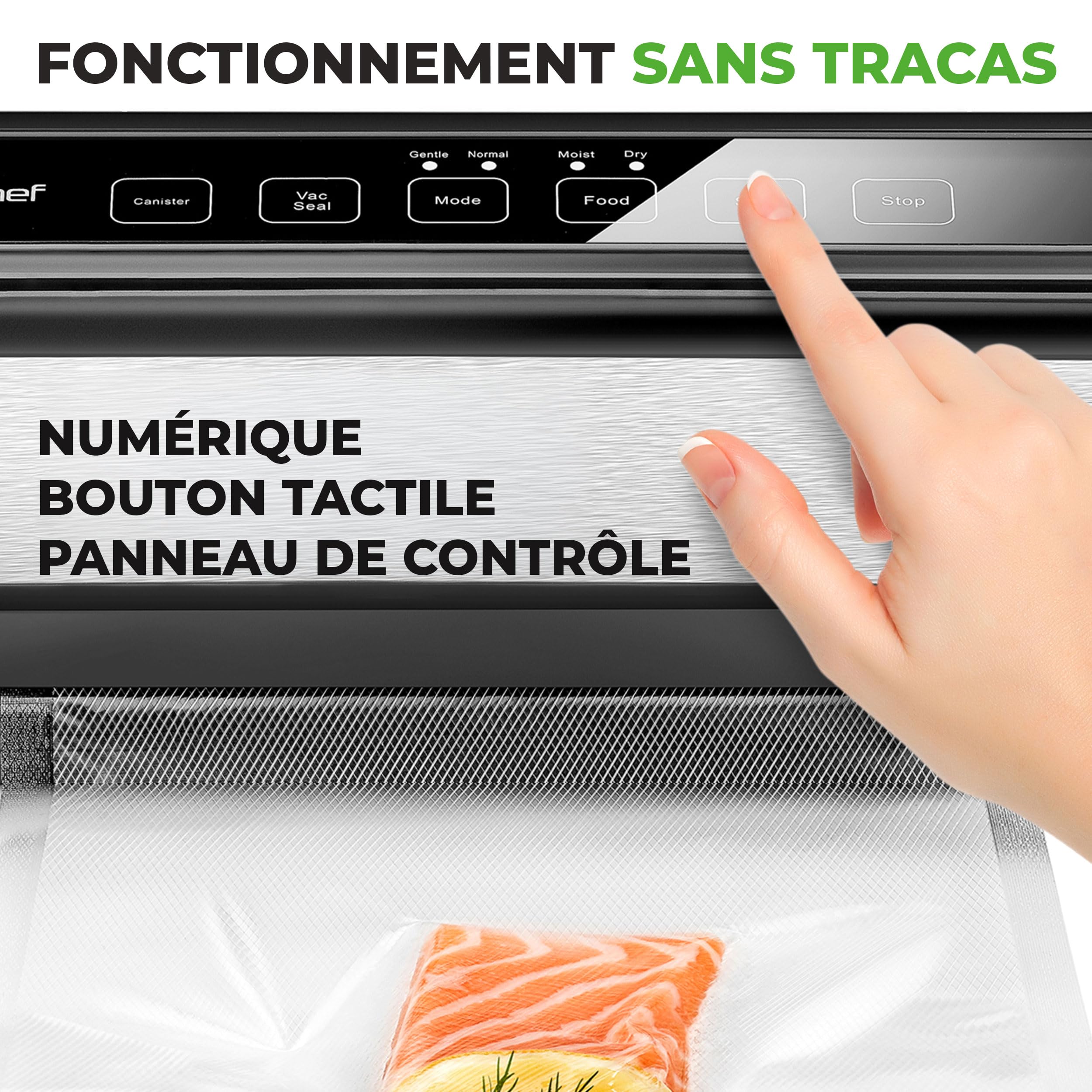 NutriChef Système Automatique de Scellage Sous Vide Alimentaire - Scelleur 110W en Acier Inoxydable pour Viande, Sous Vide avec 2 Modes de Scellage, Rouleaux et Tuyau Sous Vide - (Noir)