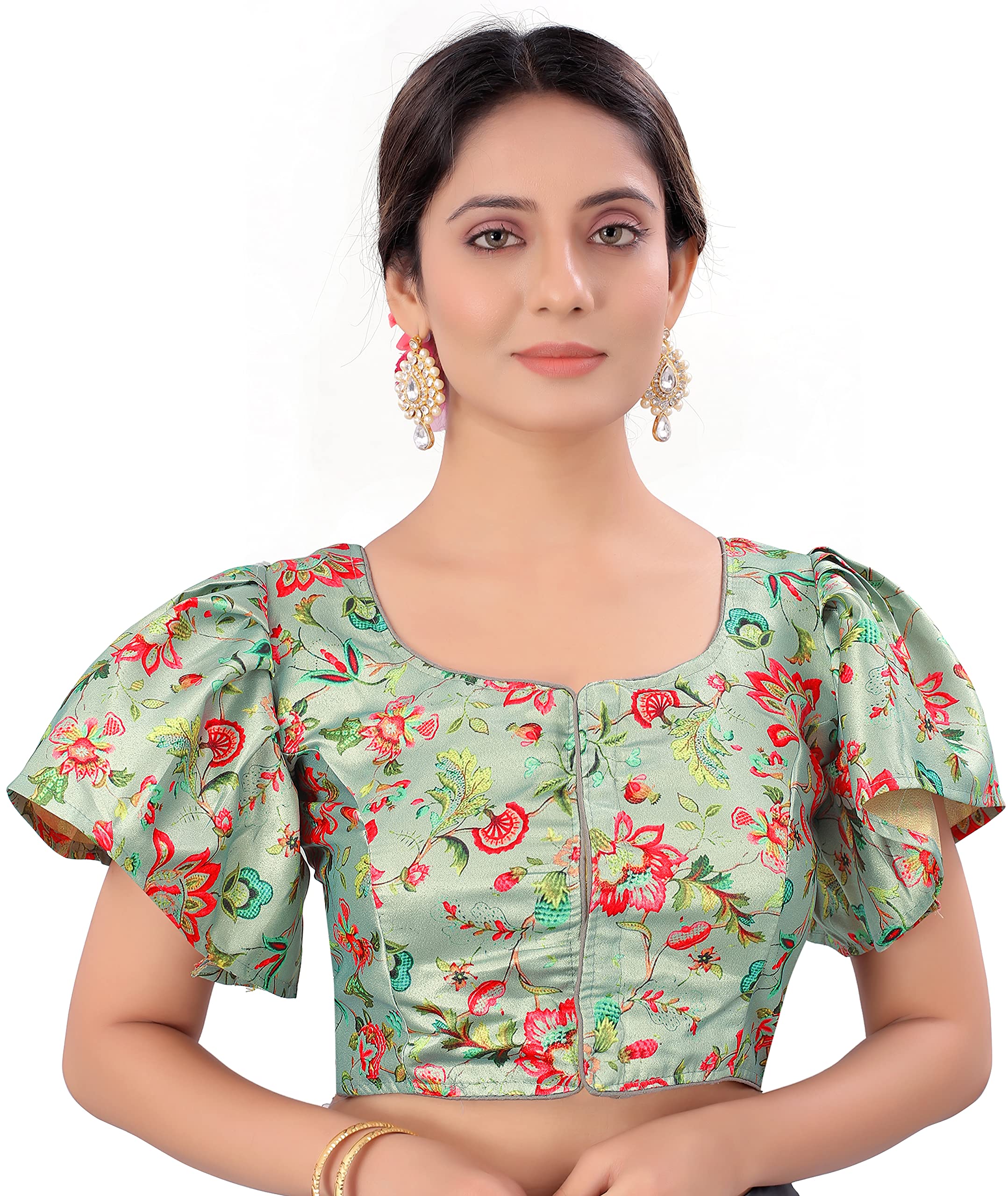 Pujia Mills Women's Multicolor Butterfly Floral Print Pattern Ruffle Sleeve Readymade Saree Blouse