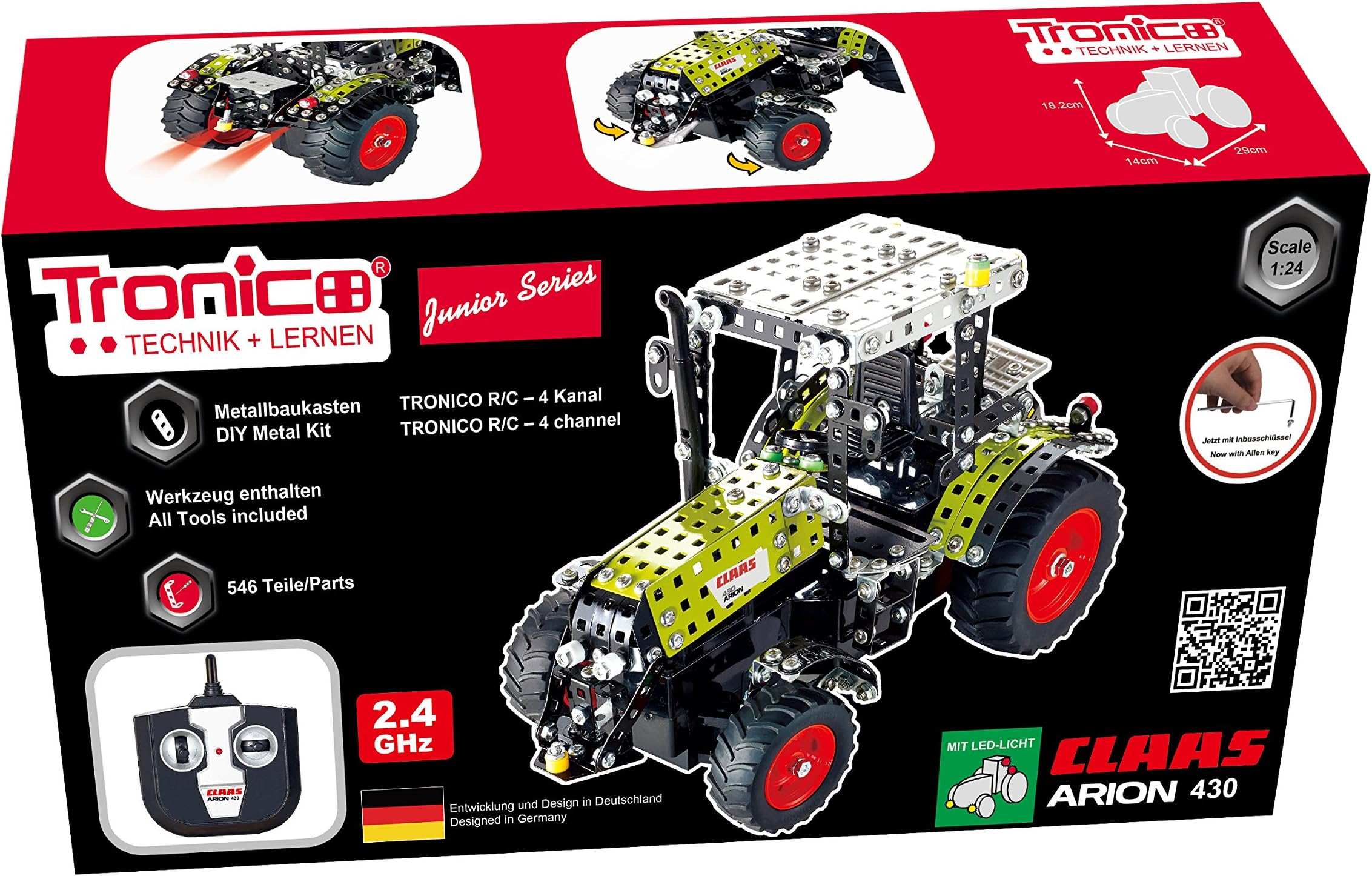 Metal Construction Model Kit 2.4 G RC Tractor Set Claas 430 Arion 547 parts + LED light + function tools + picture manulk Radio Controlled mechanical building farm toy age 12+ STEM Tronico