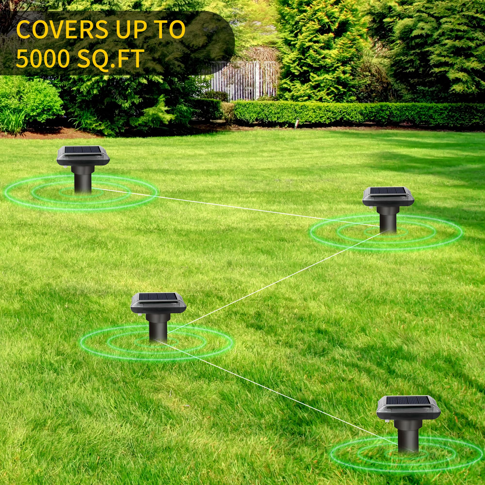 Repelente ultrasónico para Topos, Repelente Solar para Topos 4 Piezas, Impermeable IP66, Cobertura hasta 5000 Sq.FT para Jardín, Granja y Ranchos（Negro）