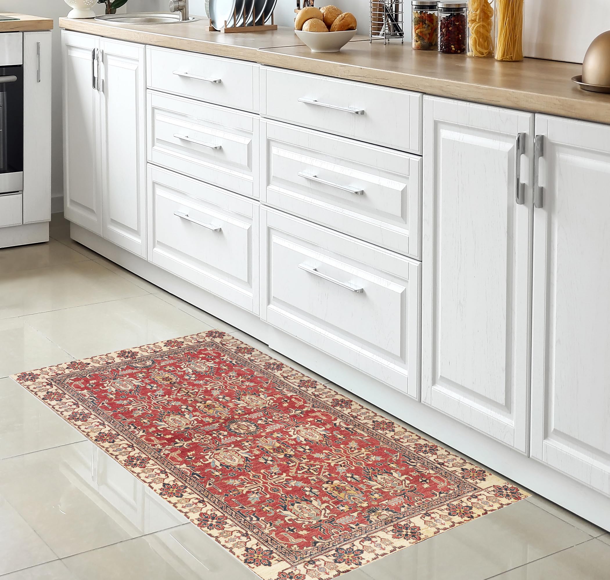 VINILIKO Design | Tapis vinyle oriental rouge 160 x 230 cm - Antidérapant, imperméable, lavable - Plusieurs tailles - Tapis vinyle pour salon, cuisine