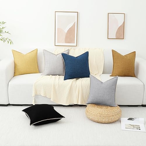 Miniatura 7 de decorUhome Juego de 2 fundas de almohada decorativas para exteriores de 18 x 18 pulgadas, cuadradas, de lino, rústicas, neutrales, con borde cosido