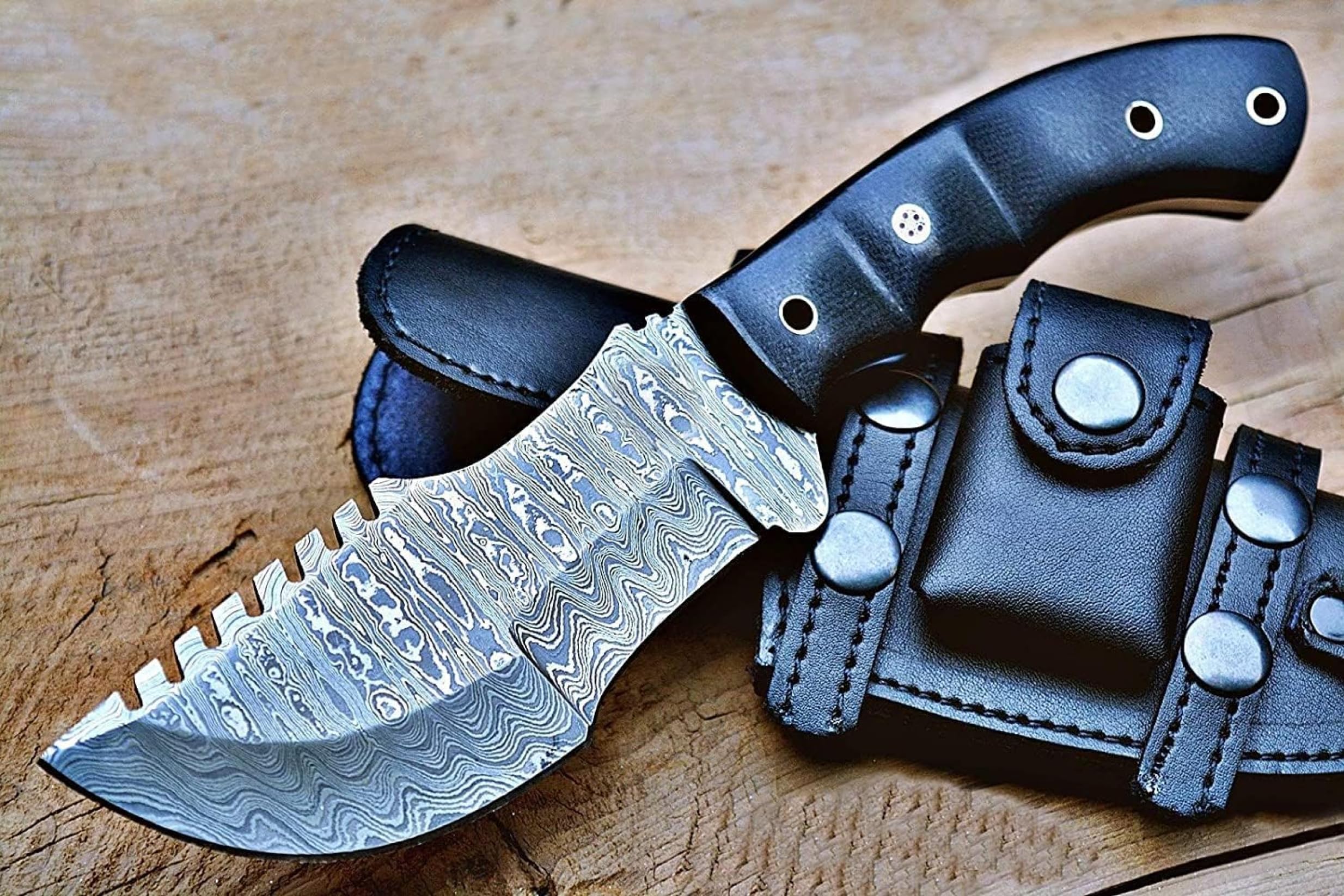 BIGCAT ROAR Ręcznie wykonany nóż z Damaszku – Full Tang Fixed Blade nóż myśliwski z pochwą i drewnianym uchwytem z drewna orzechowego – nóż outdoorowy EDC, 25,4 cm – Black Jaguar