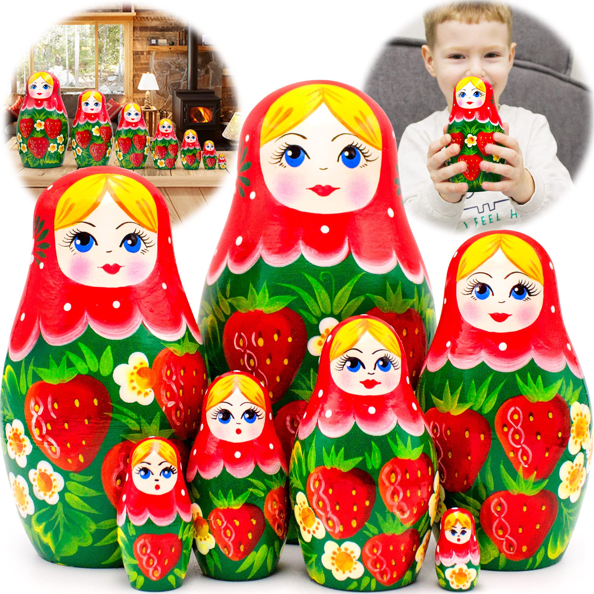 AEVVV Russian Nesting Dolls Set of 7 pcs - Traditional Russian Doll with Strawberry Pattern - Birthday Gift Set Matryoshka Doll with Strawberries