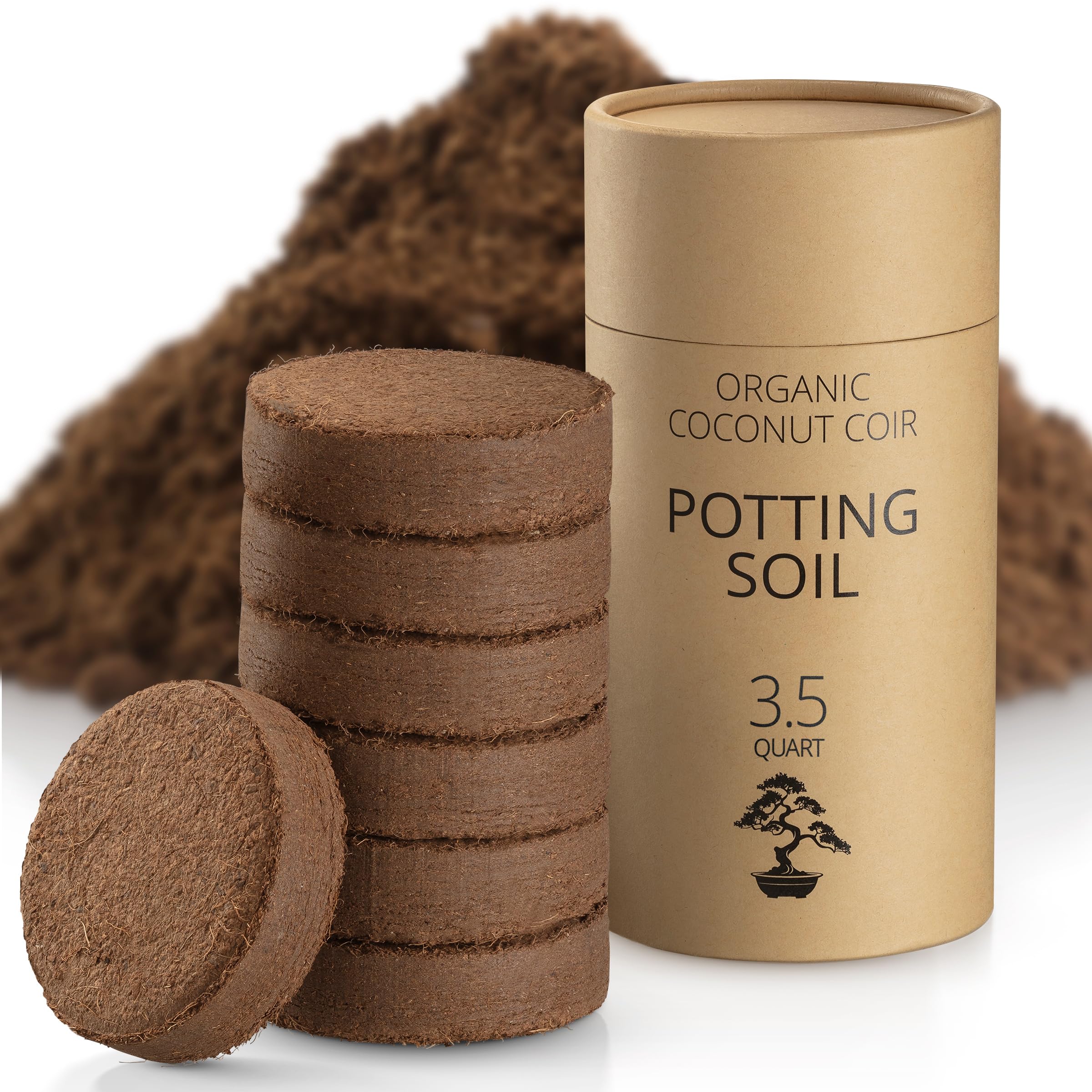 Coconut Coir Potting Soil for Indoor Plants - Expands to 3.5 Quart (7.5 lb) | Bonsai Soil Discs Perfect for General Houseplants, Herbs, and Bonsai Trees - Expands with Water