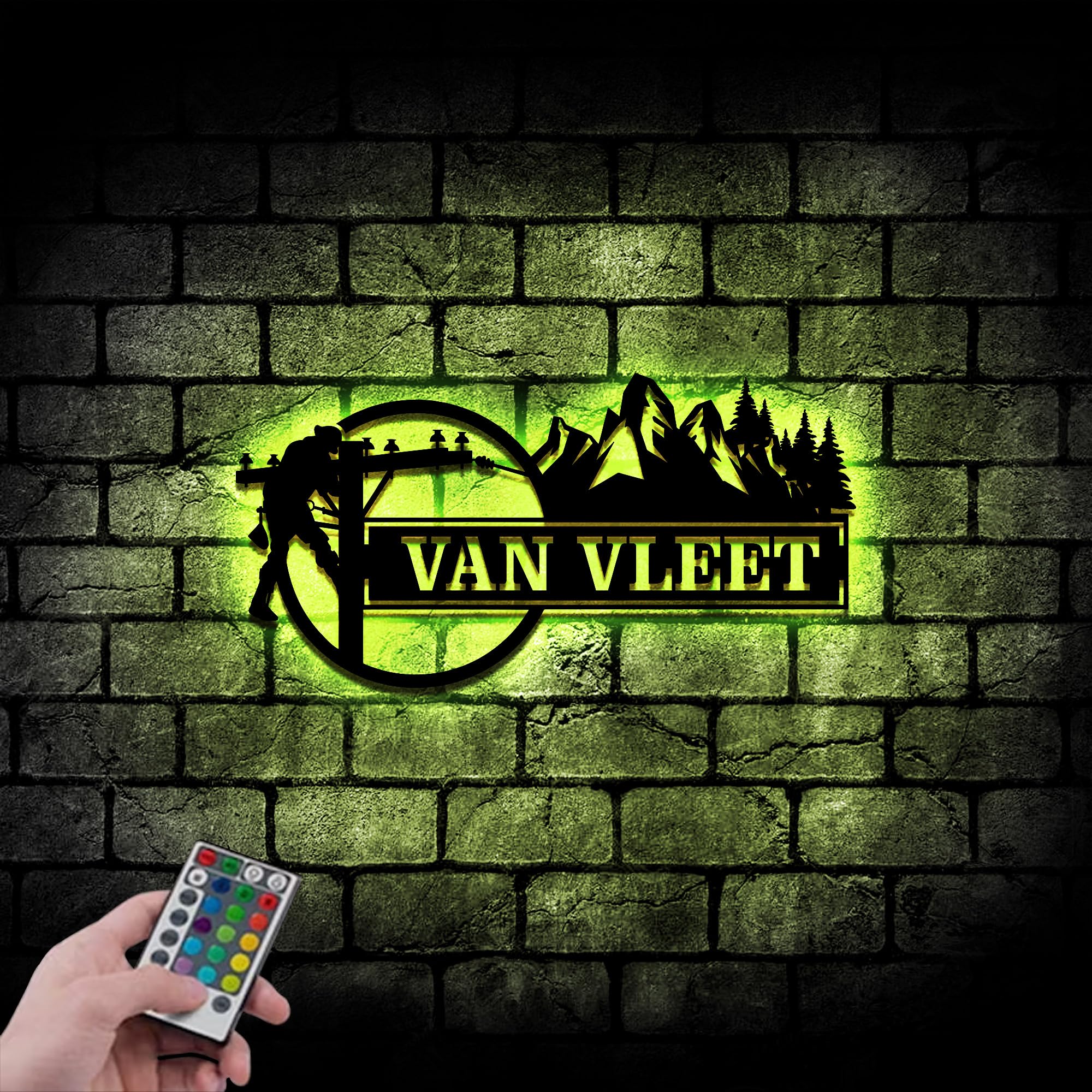 Personalized Lineman Mountain Trees Metal Sign Journeyman Outdoor Enthusiast Powerline Electrician Gifts Home Decor with LED Light