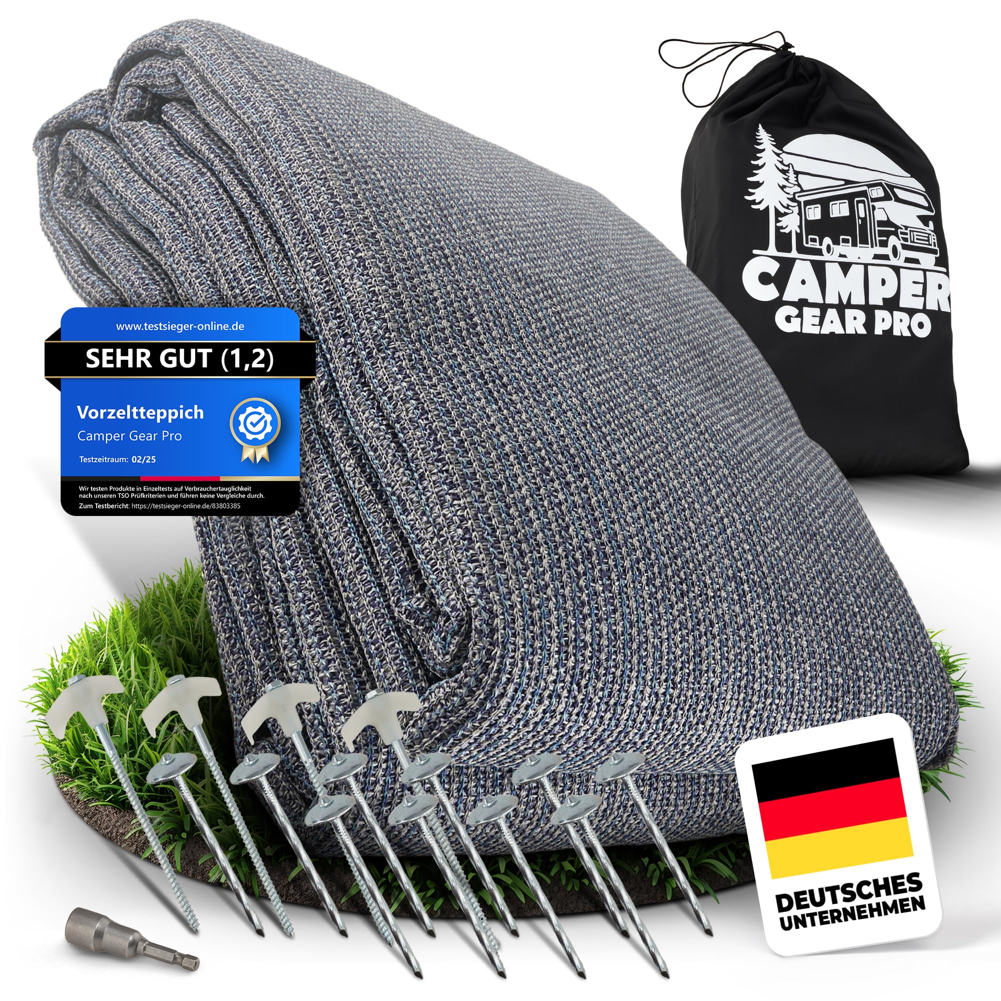 Vorzeltteppich mit Profi Heringen [Extrem Stabil] | Camping Teppich Outdoor – Zeltteppich, Markisenteppich für Wohnwagen, Wohnmobil & Zelt – Jetzt Größe wählen
