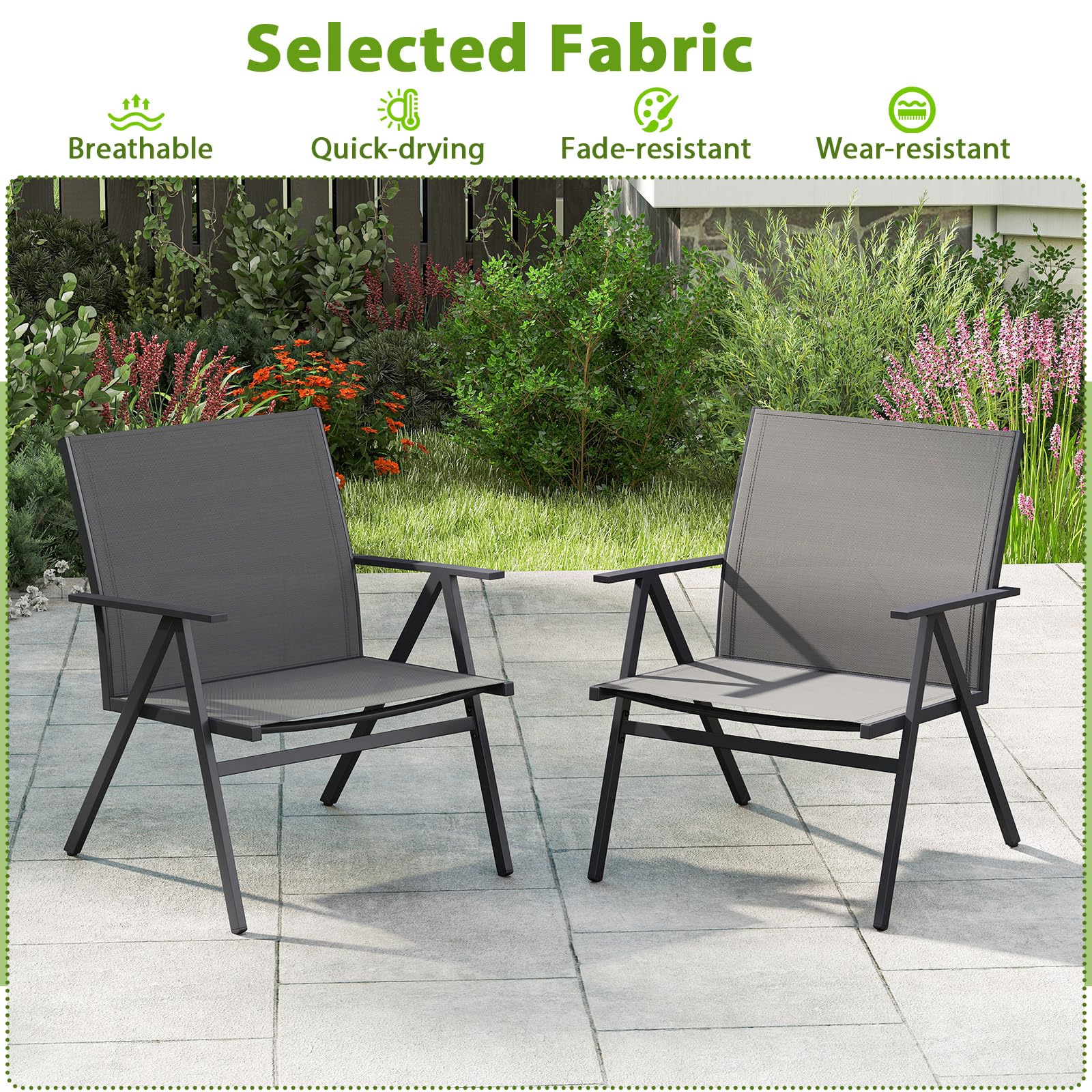 KOMFOTTEU Set di 2 sedie da giardino, da balcone, con schienale traspirante e telaio in metallo, fino a 160 kg, per veranda, balcone