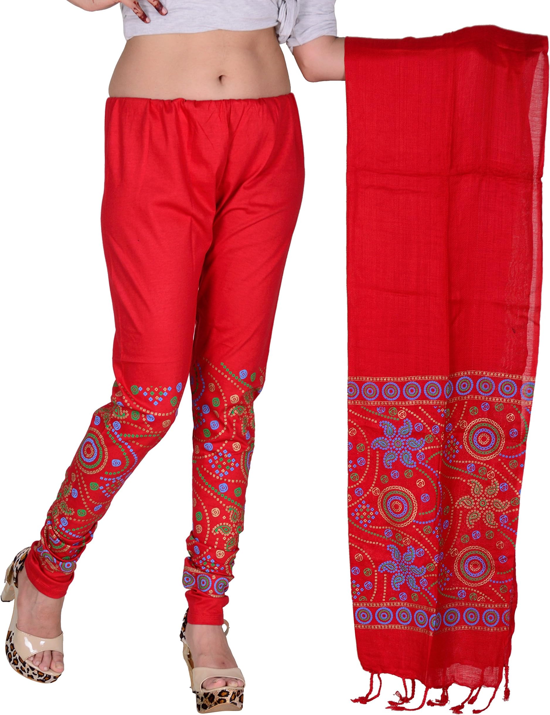 Bandhani Print Dupatta(stall) Leggings Set(Red)