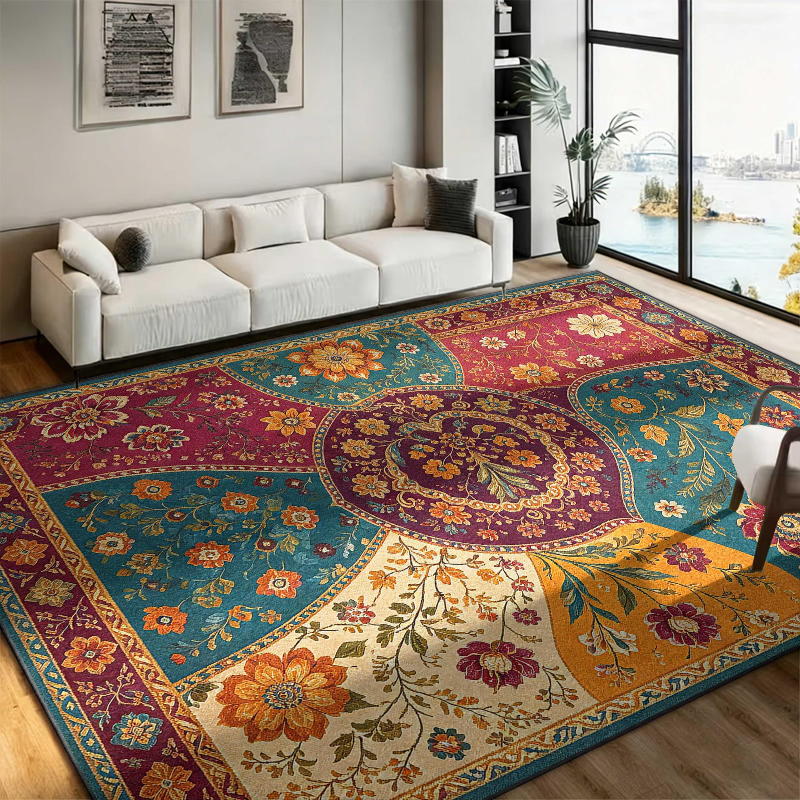 Traditional Floral Living Room Rug 140x200cm Oriental Patchwork Area Rug