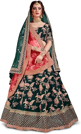 Zeel Clothing Women's Tafetta Silk Semi-stitched Lehenga Choli with Dupatta (Wedding-Bridal-Latest-Lehenga-34-Green_Green_...