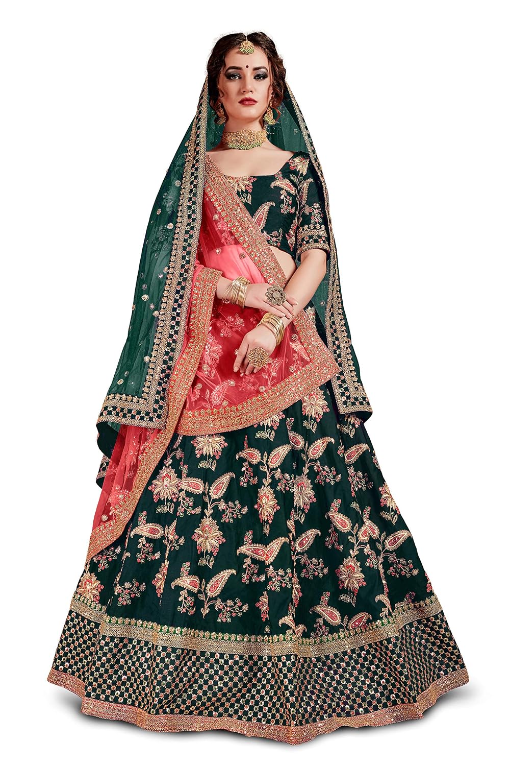 Zeel Clothing Women's Tafetta Silk Semi-stitched Lehenga Choli with Dupatta (Wedding-Bridal-Latest-Lehenga-34-Green_Green_... - Review, Price and Buying Guide