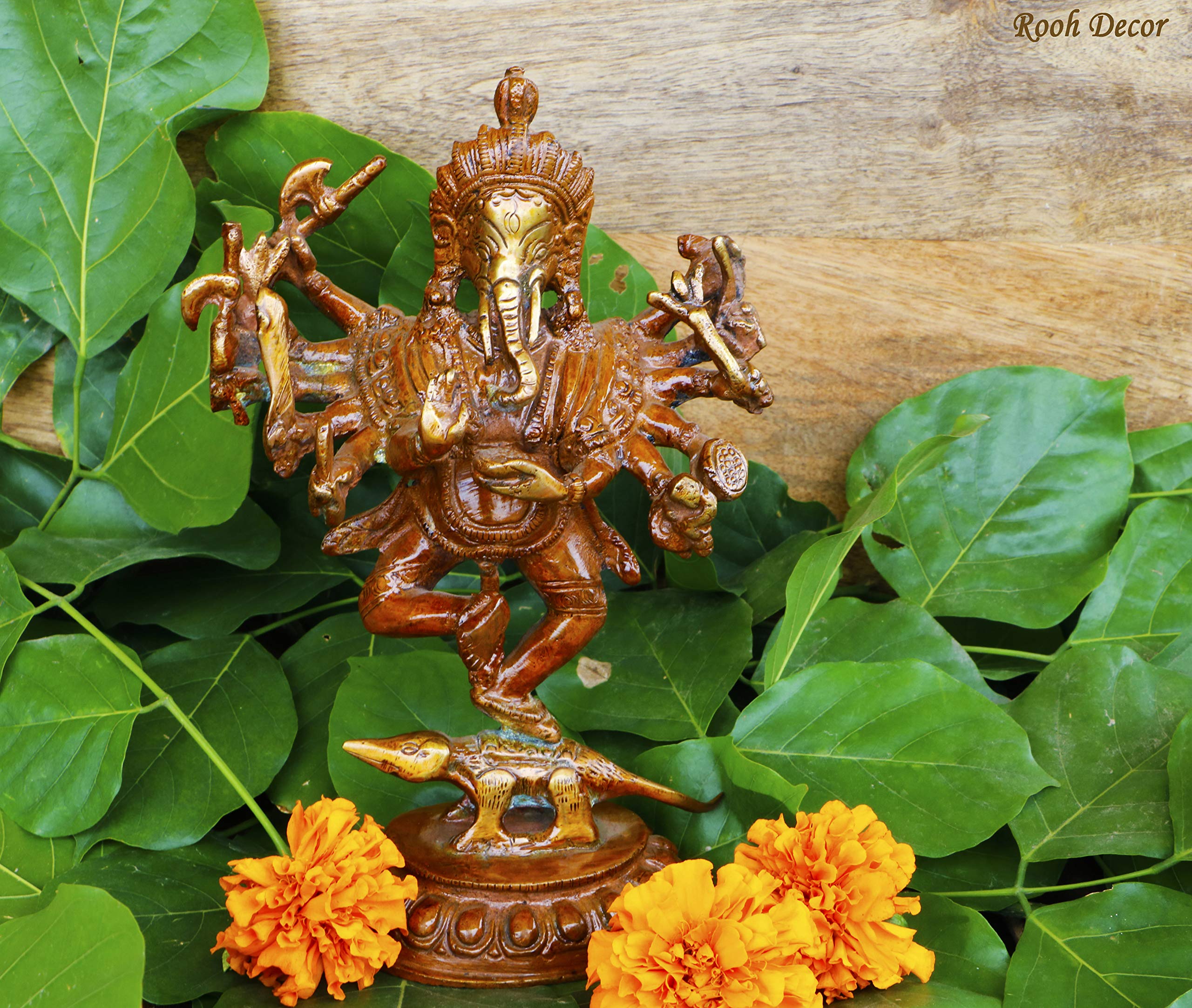 101 Enterprises: Rooh Decor Brass Ganesh 12 Hands, Lxbxh-11.5 X 6 X 18 cm, Weight- 848 Grams