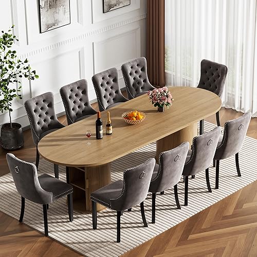 Miniatura 34 de Moderno juego de mesa de comedor extensible de 11 piezas para 10, juego de mesa de cocina ovalada expandible con 10 sillas de terciopelo, mesas de