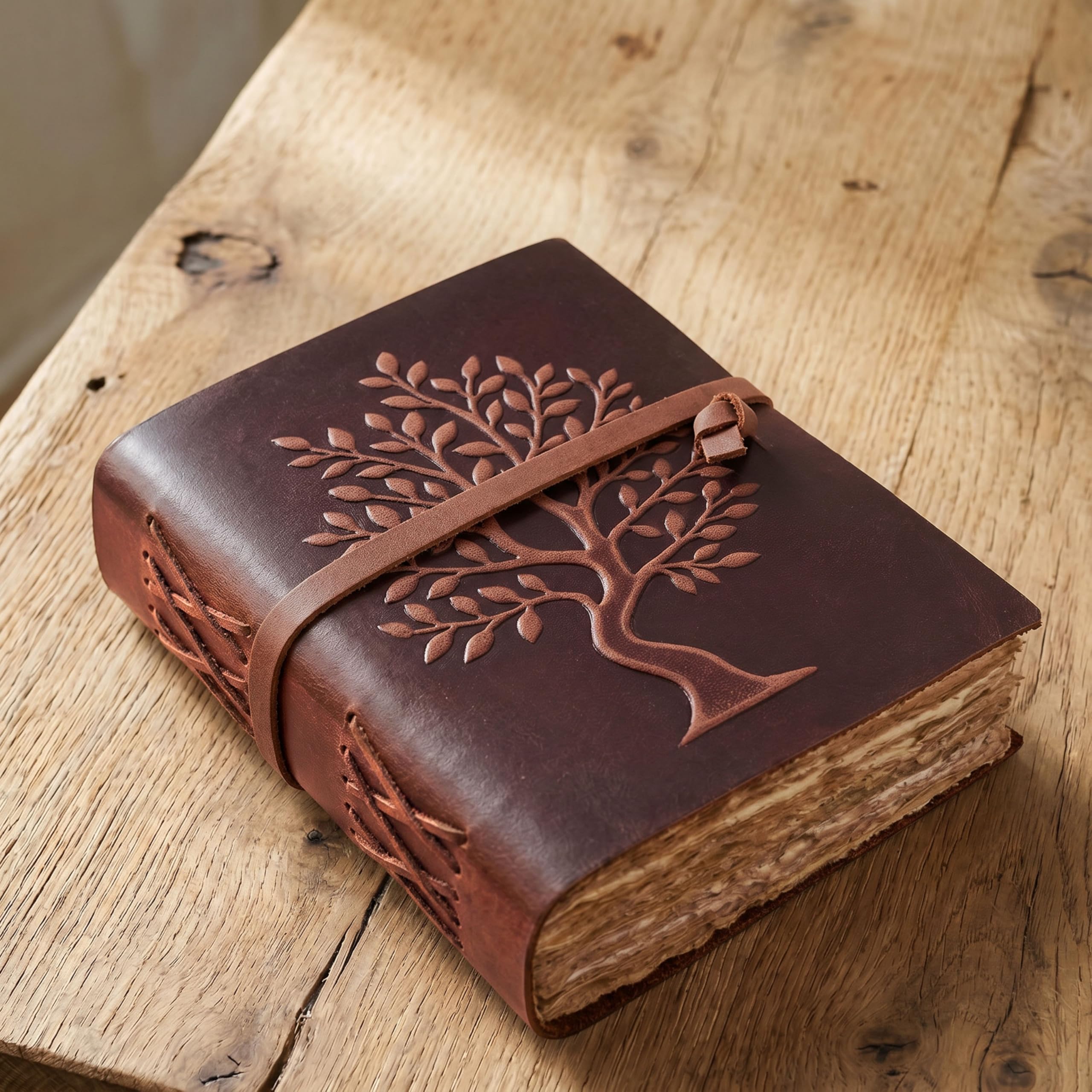 LEATHER VILLAGE Tree of Life Handmade Leather Bound Vintage Journal for Men & Women - 200 Pages Antique Deckle Edge Handmade Paper- Book of Shadow - Fuchsia - 6 x 4 inches