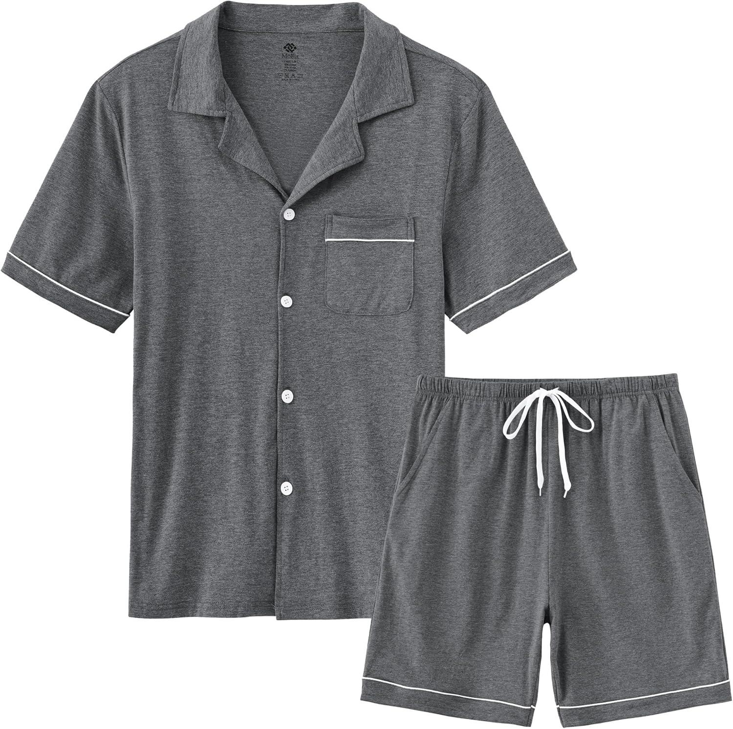 MoFiz Mens Cotton Pajamas Set Sleepwear Shorts Soft Summer Button Down Pjs Set 2 Piece Loungewear with Pockets S-3Xl