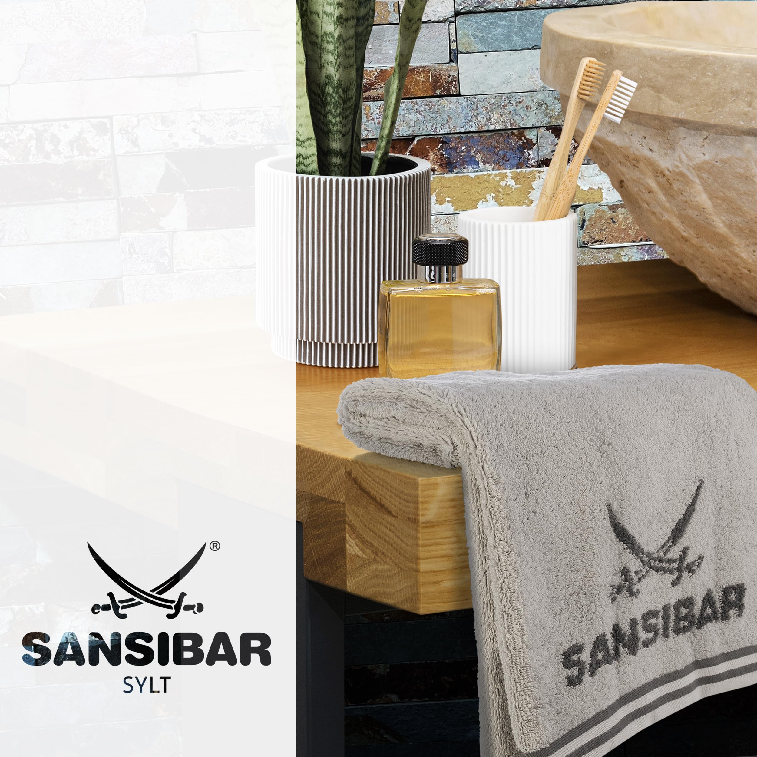 Sansibar Handtuch 4er Set 50x100 cm 100% Baumwolle Doubleface Frottiertuch gestreifte Borde Zweifarbig Silber/Anthrazit