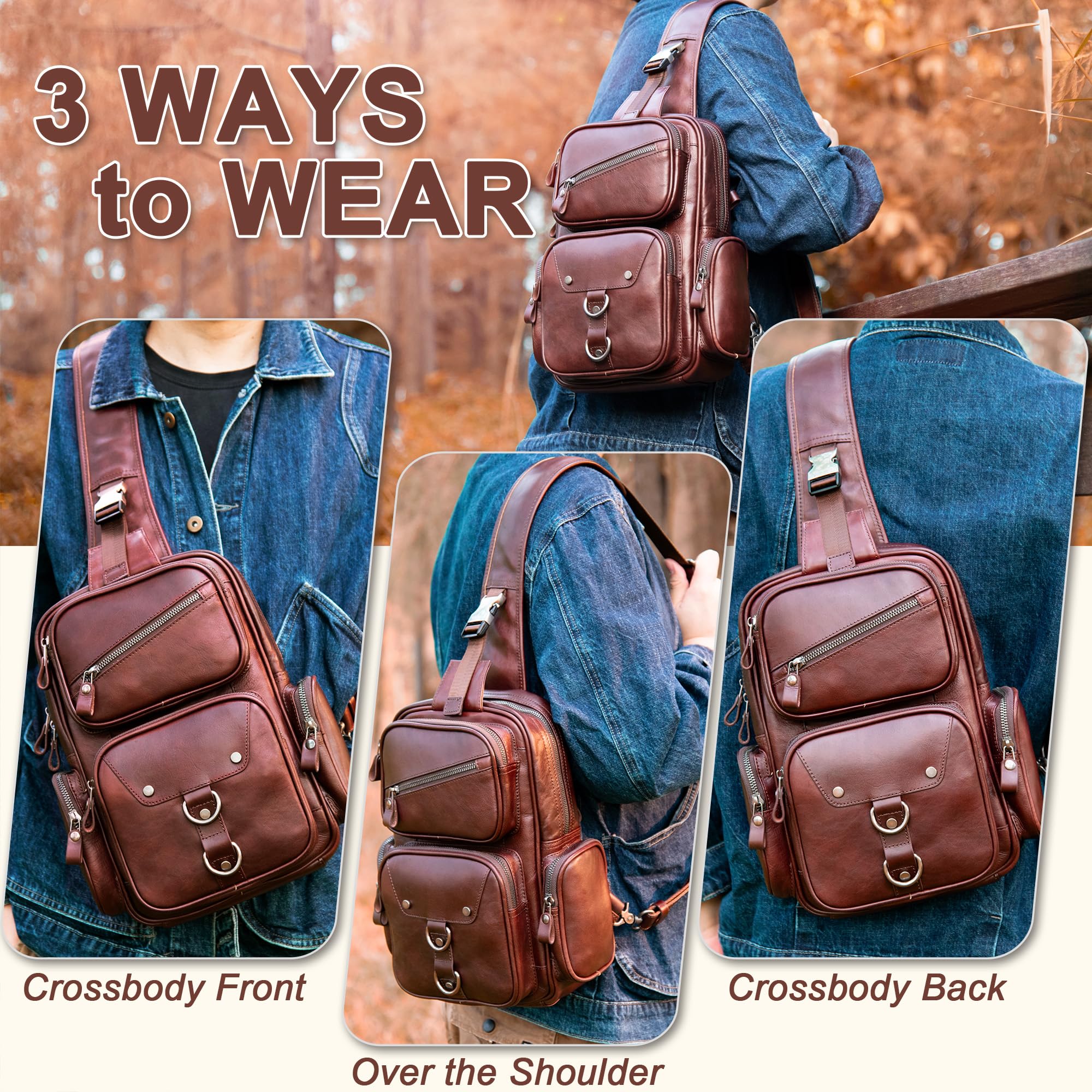 Bolso bandolera de cuero genuino para hombre, bolso cruzado grande, bolso de hombro casual, mochila antirrobo, bolsa de viaje en el pecho, Marrón oscuro, Mediana, Bolso bandolera 3