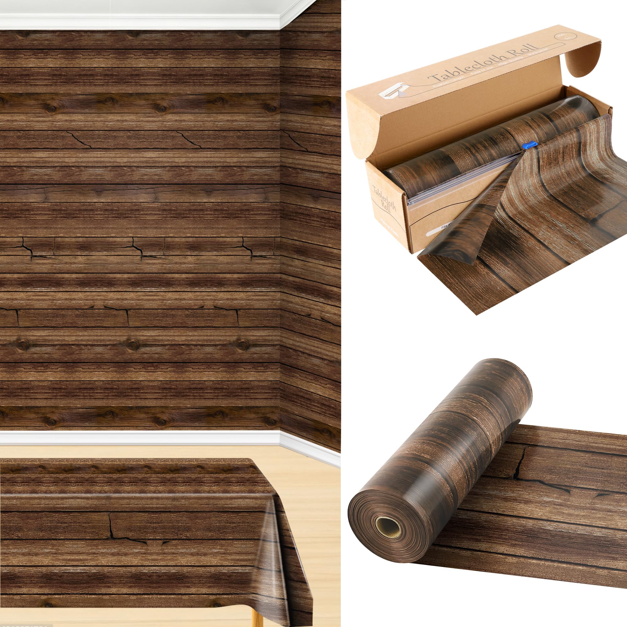 Photo 1 of COSINIA Wood Grain Plastic Tablecloth Roll with Slide Cutter - 200ft x 54in