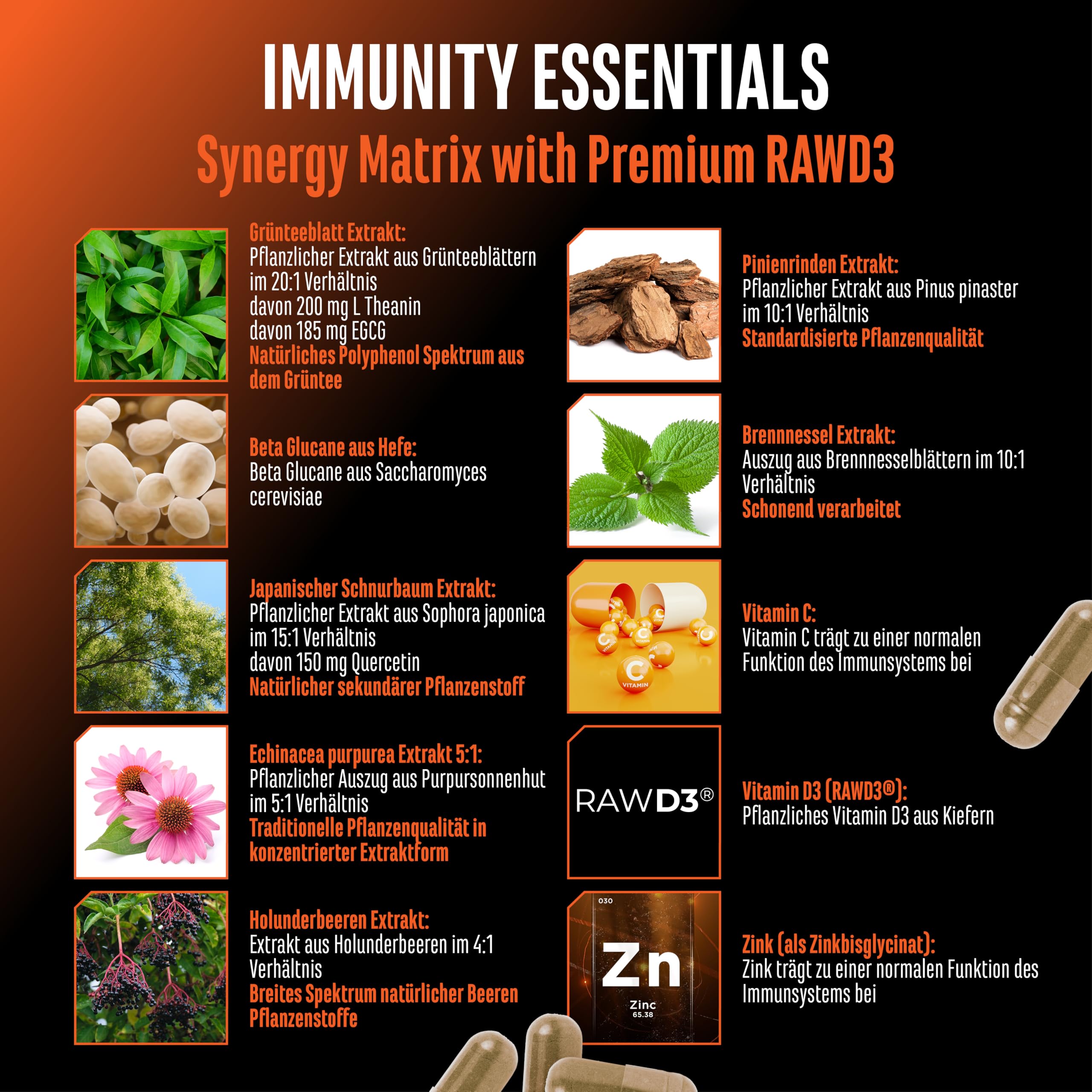 Immunity Essentials Komplex - 180 Kapseln mit Beta Glucan, Vitamin C, D3 (RAWD3®), Zink, Quercetin Echinacea Holunder & Pflanzenextrakten - hochdosiert, vegan