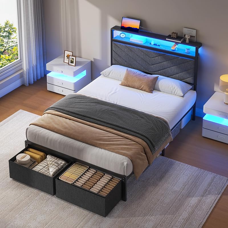 Fluest Twin Bed Frame with Storage Drawers, Upholstered Headboard with Charging Station, LED Lights, Fabric Drawers with Wheels, Under Bed Storage, No Box Spring Needed, Easy Assembly, Grey image 3