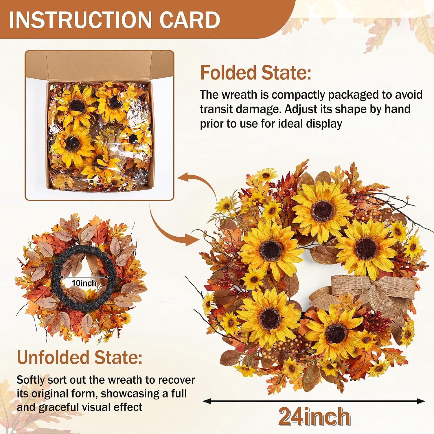 OZFHUA 24 Inch Sunflower Fall Wreath for Front Door Decor