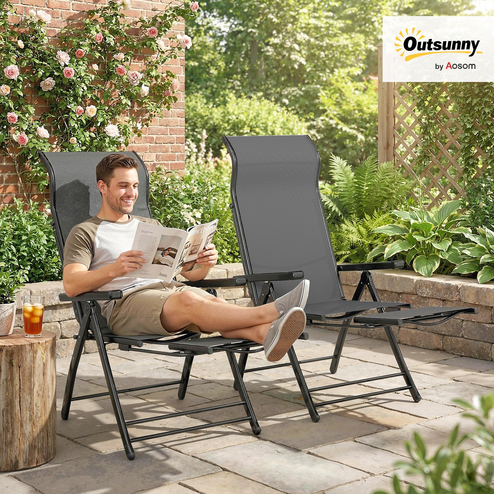 Outsunny Pack de 2 Sillas Plegables Reclinables, Sillas de Jardín Exterior con Respaldo Alto Curva Ajustable en 5 Posiciones, Reposapiés Retráctil y Marco de Metal, para Patio, Playa, Gris Oscuro