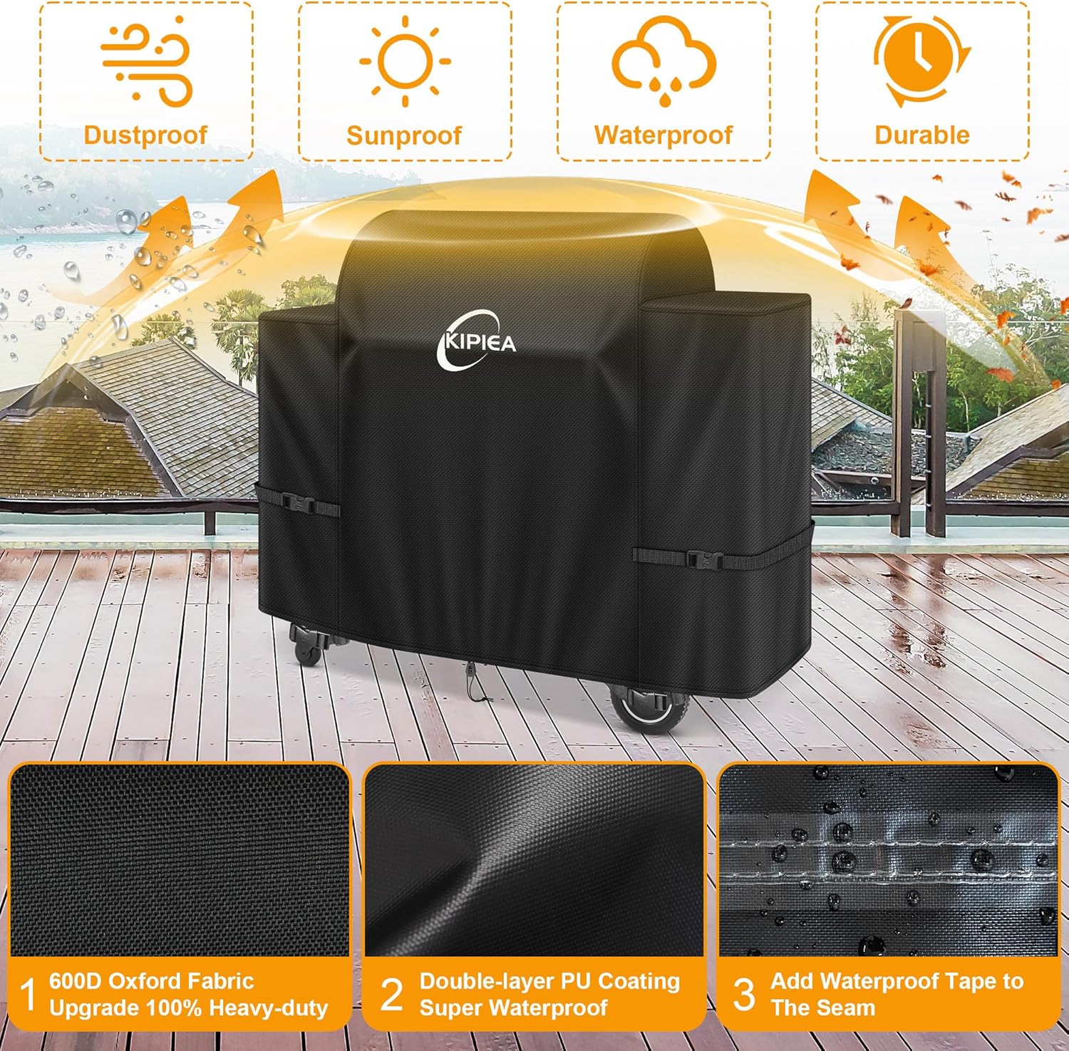Kipiea Heavy Duty Grill Cover for Traeger Ironwood 885, 600D Oxford Fabric Wood Pellet Smoker Covers Waterproof & Windproof, Pellet BBQ Grill Cover for Outside Anti-UV, No Tear, No Fading