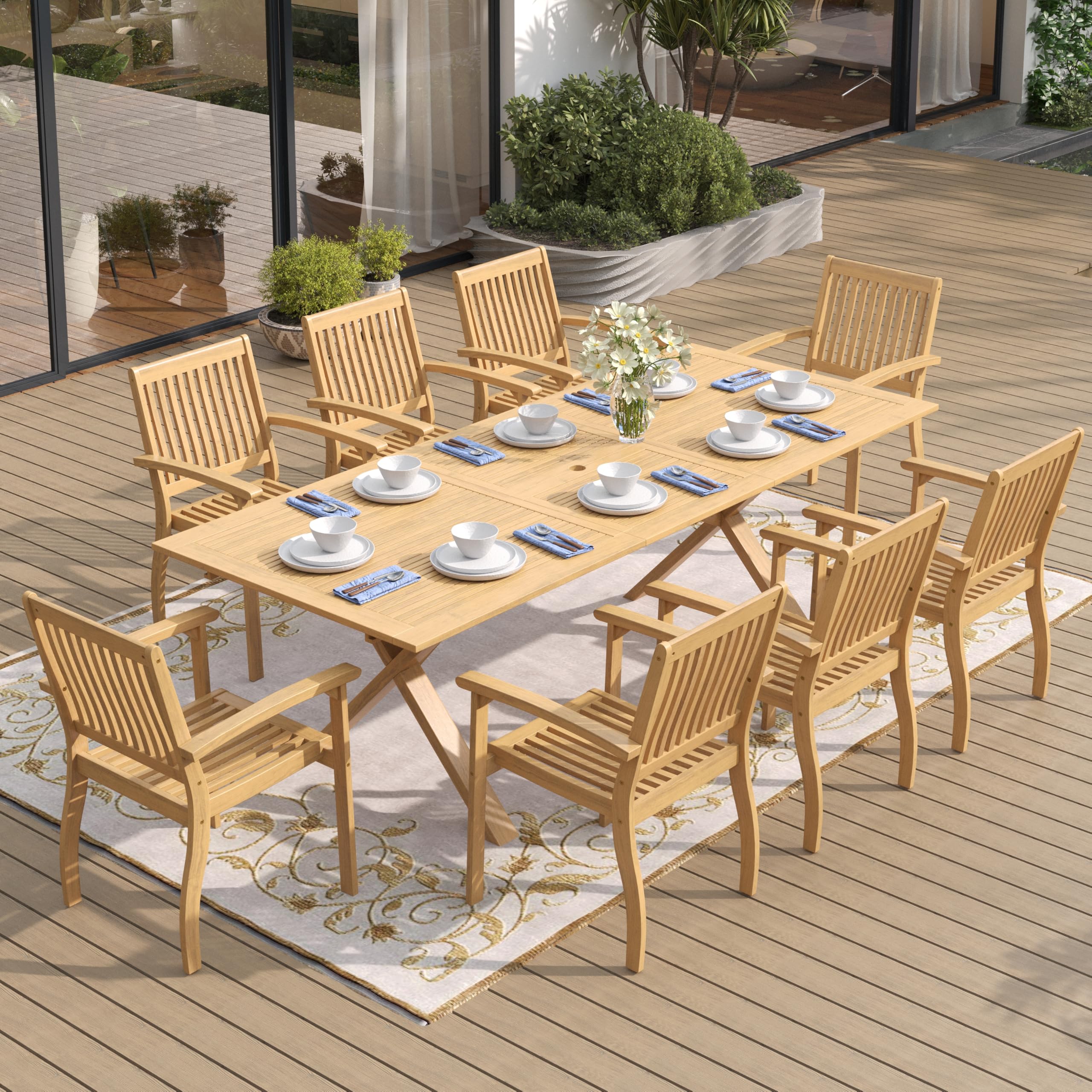 SUNSHINE VALLEY Acacia Wood 9 Piece Patio Dining Sets for 8, Outdoor Dining Set with Expandable Teak Dining Table(1.97
