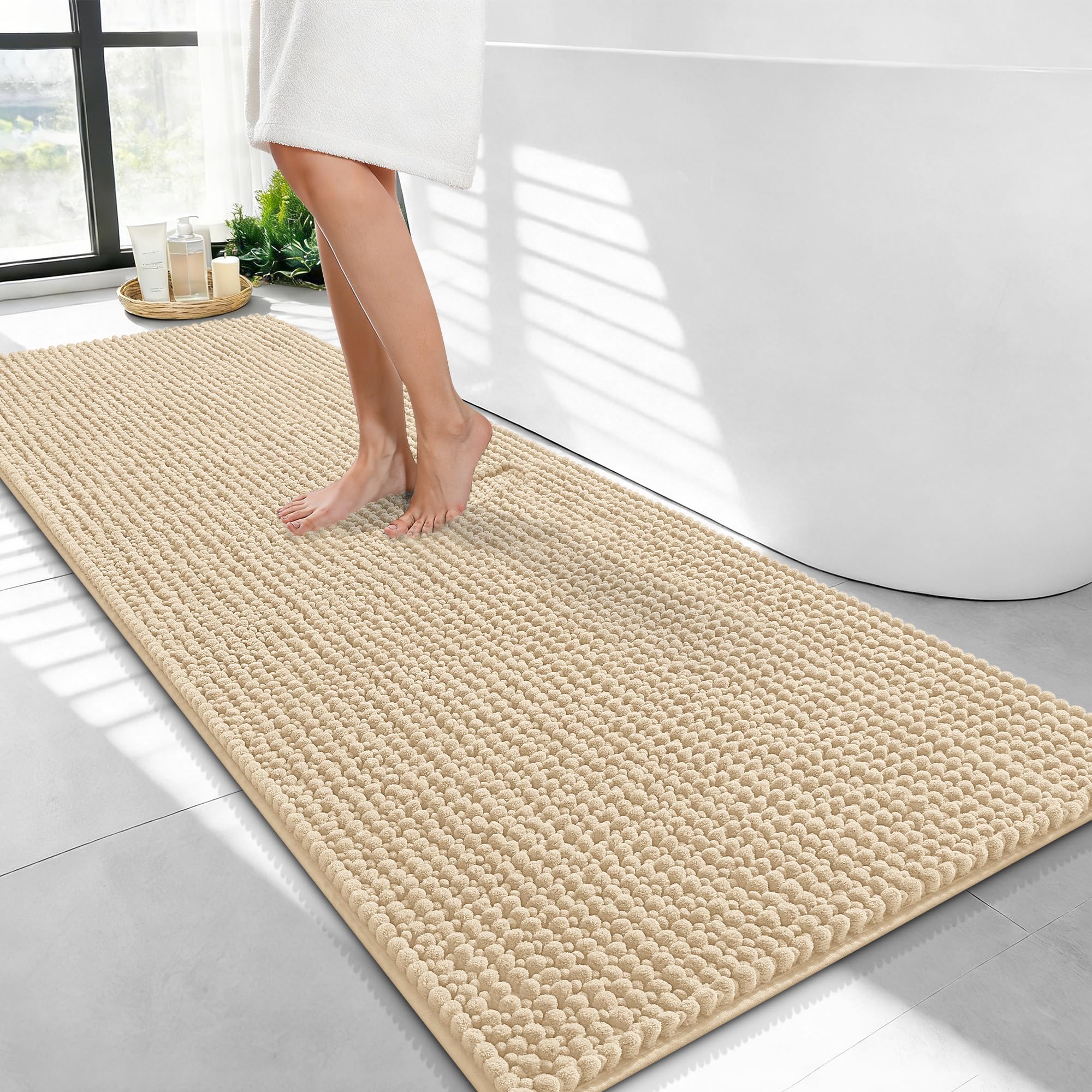 OLANLY Thick Chenille Bathroom Runner Rugs 47x24, Absorbent Bath Mat, Beige