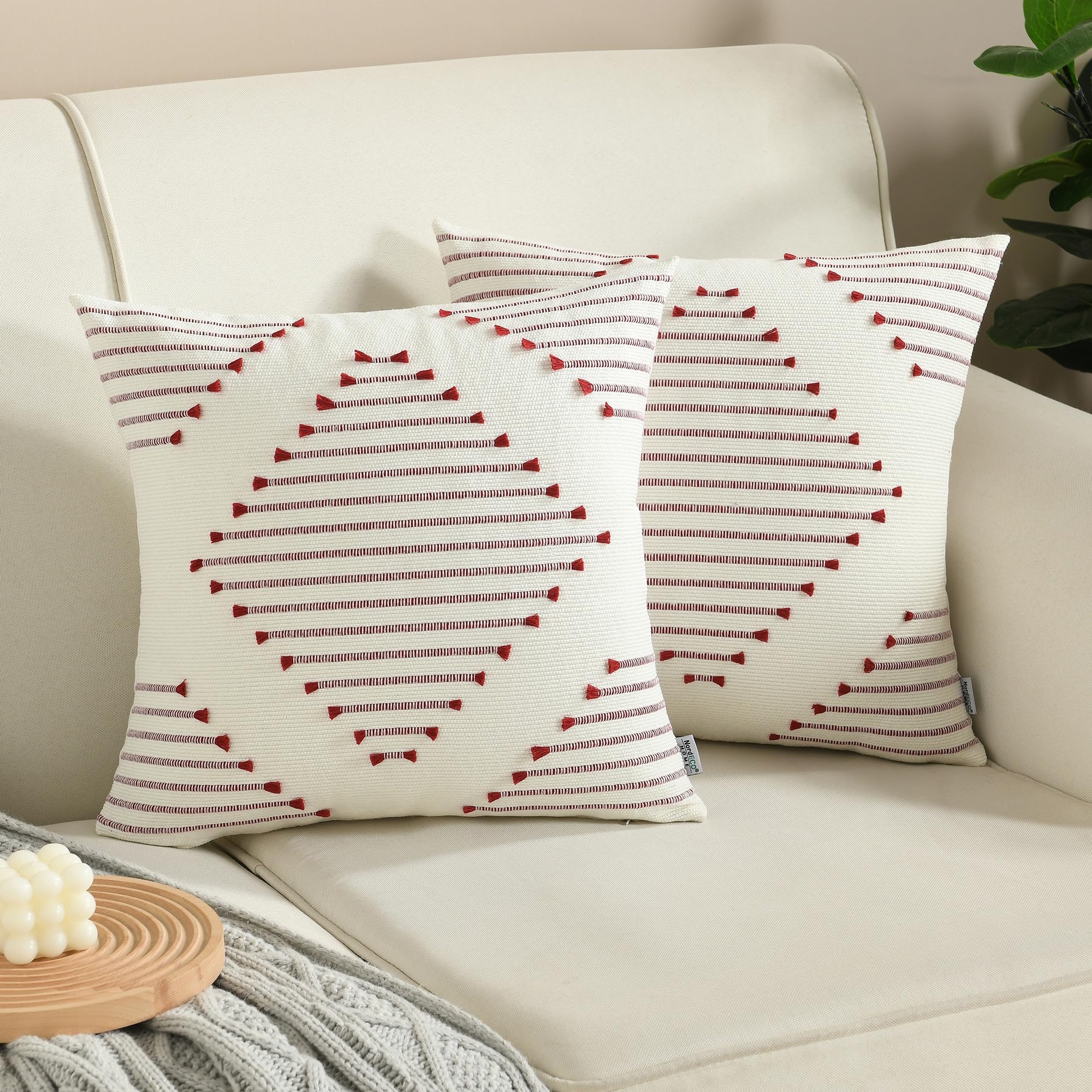 Boho Throw Pillow Covers 18x18 Set of 2 Farmhouse Decorative Accent Woven Pillow Covers for Couch Bed Living Room Home Decor, Burgundy and Cream White