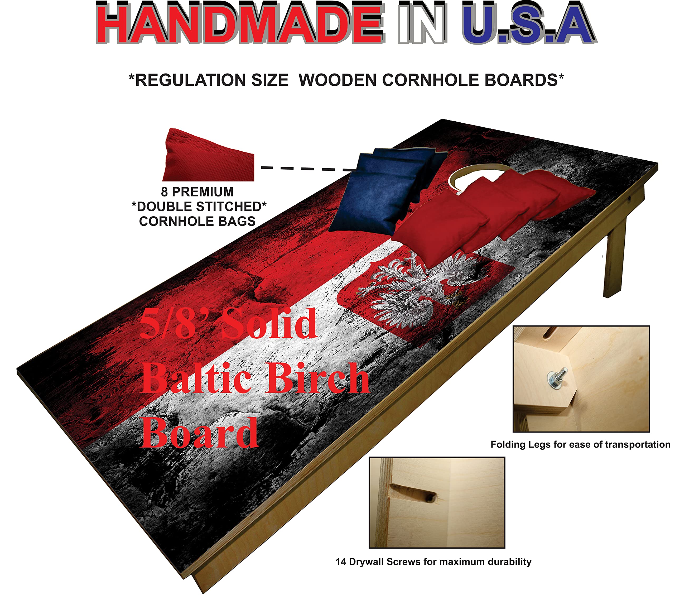 CornholeGamesUSA Pro Cornhole Boards Set | Made in USA | 3/4 Baltic Birch | No Bounce | Triple Thick Legs | Two Brace & Handles, Tournament 2x4 Regulation Set with Score Tower & Cornhole Bags