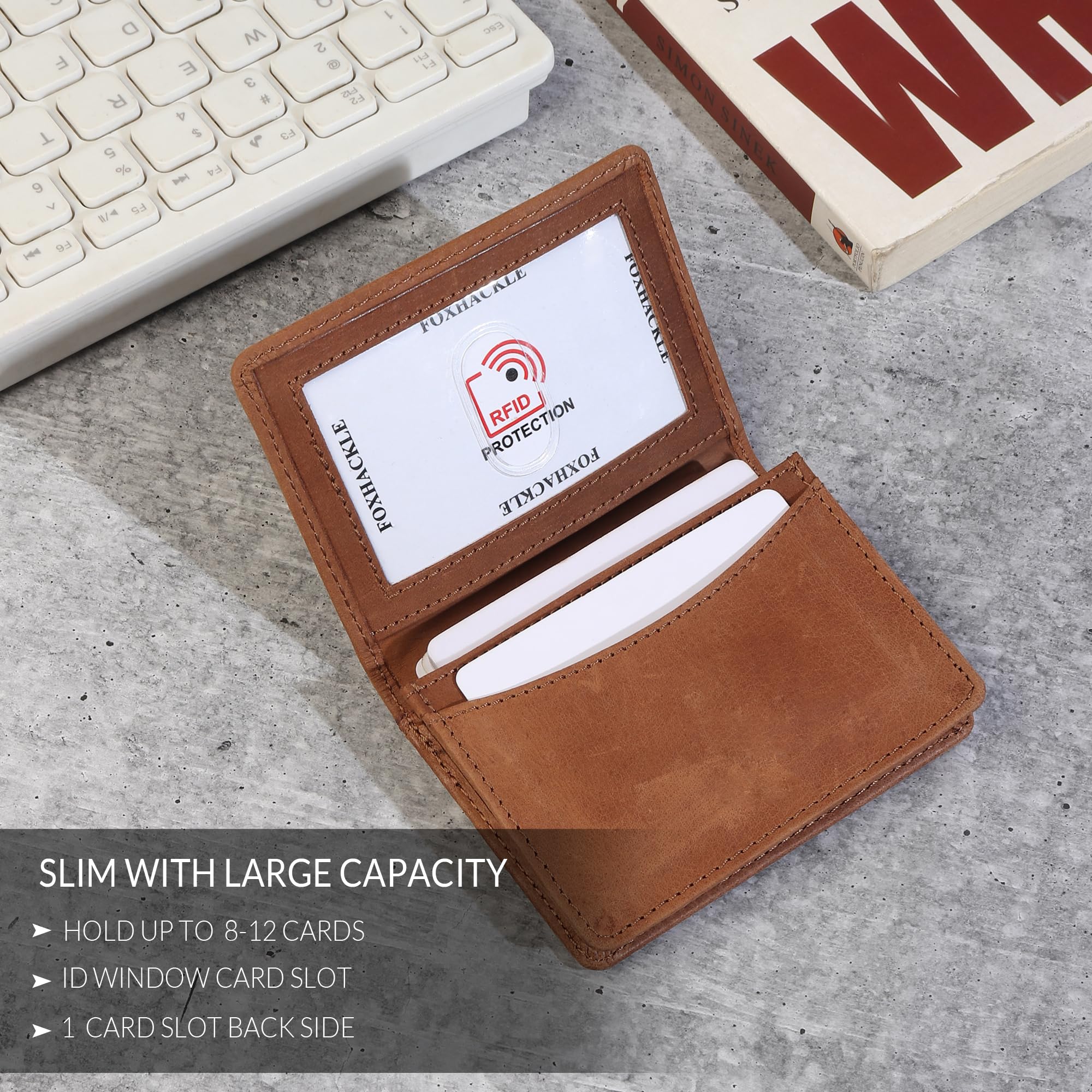 FOXHACKLE Leather Credit Card Holder For Men and Women, Small RFID Blocking Bifold Wallet (With ID Slot, Hunter Tan)
