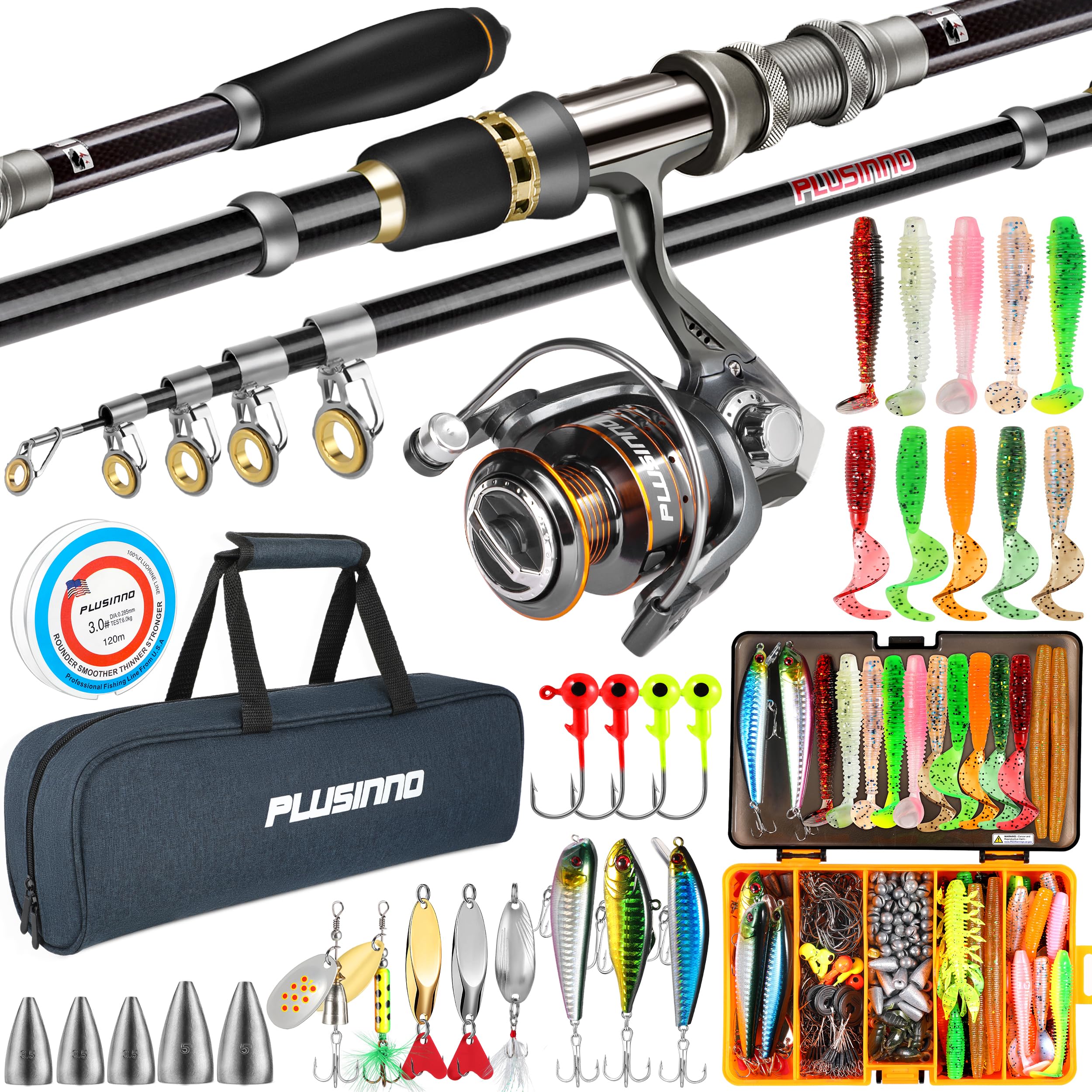 PLUSINNO Attrezzatura da pesca, canna da pesca telescopica e mulinello combinata con scatola per attrezzature, canna pieghevole e scatola per esche, kit di base per canna da pesca, accessori da pesca